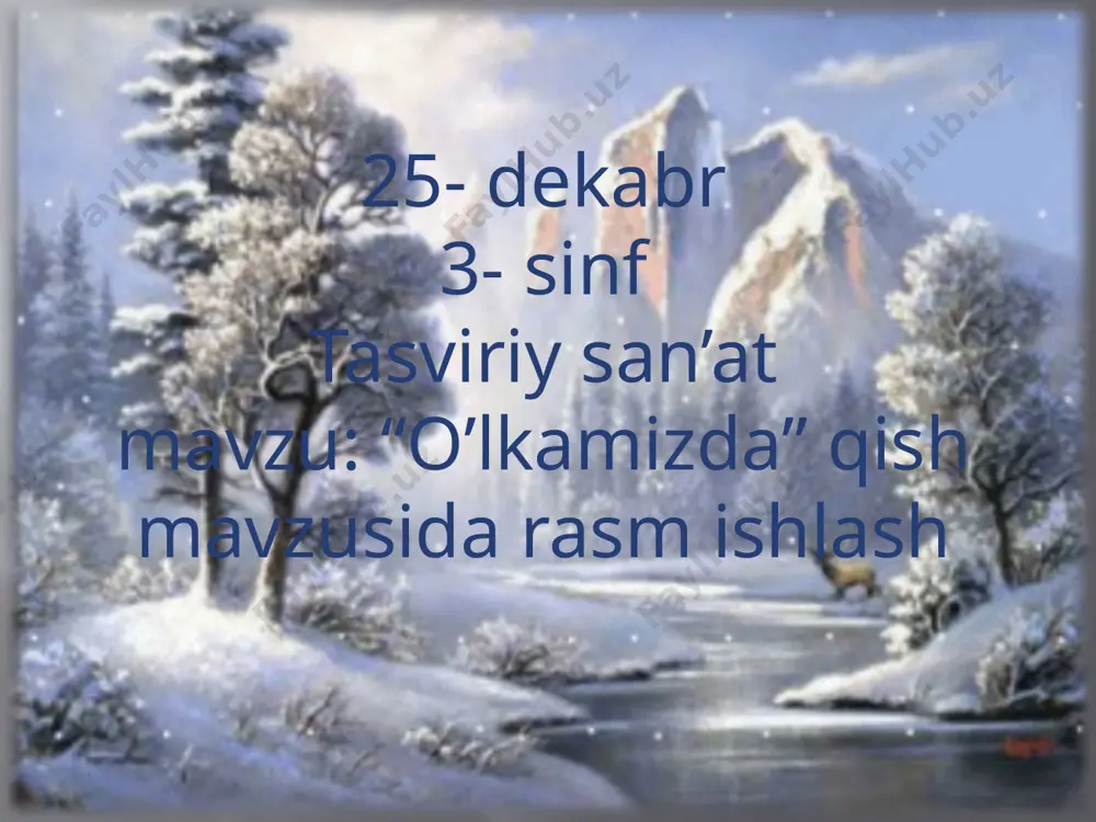 qism darsning borishi: 1)tashkiliy qism; a) salomlashish b) sinfda psixologik muhit yaratish d) navbatchi axboroti 2) o’tilgan mavzuni mustahkamlash; 1) koinot haqida gapiring? 2) raketa bu? 3) kanpanofka? yangi mavzu bayoni mana o’lkamizga kumush qish tashrif buyurdi.hamma yoqlarni oppoq qorga belab,muz tayog’ini olgancha ayoz bobo derazalarda o’z rasmini solmoqda.quyosh endi kam ko’rinadi, o’rmondagi hayvonlar o’z inlaridan chiqishmaydi.dov-daraxtlar oppoq qorga burkangancha endi bahorni kutishadi.tomlardagi yaxlamaklar yerga boqqancha turishadi.bolajonlar esa qordan qorbobolar yasab,qorbo’ron o’ynashadi, chang’i konkilarda yaxmalaklar uchishadi.qish o’zi bilan qator bayramlarni olib keladi yangi yilda barcha bir-birini bayram bilan tabriklaydi,sovg’alar ulasiladi,archalar bezatiladi, qorbobo va qorqiz bayram kayfiyatiga o’zgacha shukuh bag’ishlaydi.biz esa yana yangi orzular bilan yangi yilni kutib, yaxshi niyat va yangi rejalar bilan yana bir yoshga ulg’ayamiz. rasm ishlashning 4 bosqichi 4.yangi mavzuni mustahkamlash: 1) qish fasli qaysi oylarni o’z ichida olgan? 2) qishda qanday o’yinlar o’ynaladi? 3) qishda qaysi bayramlarni nishonlaymiz? 5.uyga vazifa: qish manzarasini ishlab kelish. image2.png image3.png …