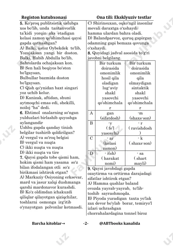 rlik ta’kidi yorqin aks etadigan kelasi zamon qo‘shimchasi qaysi gapda qatnashgan? a) balki, ustoz oybekdek to‘lib, yozajaksan yangi bir doston. balki, habib abdulla bo‘lib, sahrolarda ochajaksan kon. b) sen hali beqiyos bo‘ston bo‘lgaysan, bulbullar bazmida doston bo‘lgaysan. c) qish qo‘ynidan baxt singari yoz uchib kelur. d) kanizak, aftidan, shuni aytmoqchi emas edi, shekilli, noiloj “ha” dedi. 6. ehtimol onalarning so‘ngan yulduzlari birlashib quyoshga aylangandir ushbu gapda qanday tinish belgilar tushirib qoldirilgan? a) vergul va so‘roq belgisi b) vergul va nuqta c) ikki nuqta va nuqta d) ikki nuqta va tire 7. qaysi gapda tobe qismi ham, hokim qismi ham yasama so‘z bilan ifodalangan otli so‘z birikmasi ishtirok etgan? a) markaziy osiyoning erksevar, mard va jasur xalqi dushmanga qarshi mardonavor kurashdi. b) ko‘z oldimdan ichakuzdi qiliqlar qilayotgan qiziqchilar, toshlarni osmonga irg‘itib o‘ynayotgan polvonlar ketmasdi. c) shirinsuxan, oqko‘ngil insonlar mevali daraxtga o‘xshaydi: hamma ulardan bahra oladi. d) balandparvoz, quruq gapirgan odamning gapi …