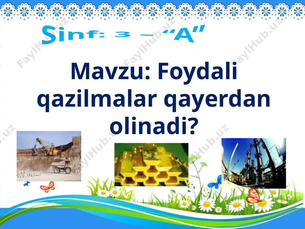 ysilar? quyosh boshla mis, marmar oy yulduz 28 tabiiy gaz qanday shartli belgi bilan belgilanadi? boshla foydali qazilmalar qayerdan olinadi? maktabdan boshla do`kondan konlardan havodan qayerdan? foydali qazilmalar … olinadi. barakalla! nomini top! o`ylab top! boshla i oltin kelganda kumush ketar, kumush kelganda oltin ketar zar gilam, zargar gilam, ko`taray desam og`ir gilam oltindir, oltinga sotilmas. -bugungi dars sizga yoqdimi? bugungi darsda nimalarni bilib oldingiz? o`quvchilarnig har bir bajarilgan topshirig`i uchun qo`yilgan ballar hisoblanadi, g`olib guruh aniqlanadi. darsda faol qatnashgan o`quvchilar rag`batlantiriladi. uyga vazifa: foydali qazilmalarning shartli belgilarini chizib kelish. image3.gif image4.gif image5.gif image6.jpeg image7.jpeg image8.jpeg image9.jpeg image10.jpeg image11.jpeg image12.jpeg image13.jpeg image14.jpeg image15.gif image16.jpeg image17.gif image18.png image19.gif image20.gif image21.gif image22.gif image23.jpeg image24.gif image25.jpeg image26.png image27.gif image28.gif image29.jpeg image30.jpeg image31.jpeg image32.gif image33.png image34.gif image35.gif image36.png image37.gif image38.gif image39.jpeg image40.jpeg image41.jpeg audio1.wav image42.jpeg image43.jpeg image44.gif image45.jpeg image46.jpeg image47.jpeg image48.jpeg image49.gif image50.png image51.jpeg image1.jpeg image2.png