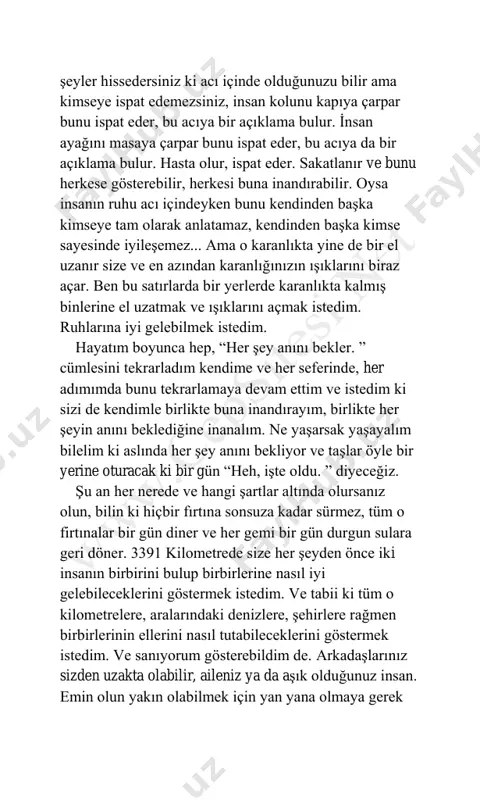 ellerini nasıl tutabileceklerini göstermek istedim. ve sanıyorum gösterebildim de. arkadaģlarınız sizden uzakta olabilir, aileniz ya da aģık olduğunuz insan. emin olun yakın olabilmek için yan yana olmaya gerek yok. hayat bana bunu yaģayarak öğretti ve ben de size öğrendiklerimi anlatmak istedim. 3391 kilometreyi yazmaya baģladığım andan beri hep yanımdaydınız, her zaman dediğim gibi siz benim içinde bulunmaktan en mutlu olduğum kalabalıksınız... 3391 kilometrede bir cümle kurmuģtum, “güzel kalpler hiç yalnız kalmaz, güzel kalpler hep birbirlerini bulur. ”diye... ve siz bana bu cümlenin ispatısınız. biz birbirimizi bulduk sizinle... bulmadık mı? bu zamana kadar beģ kitabım yayımlandı,, her birinin önsözünde kendimden bir ģeyler de anlattım size. oysa bu sefer hiçbir ģey anlatmayacağım. ve bu kitabı sizden baģka kimseye ithaf etmeyeceğim. çünkü bu kitap ve bu satırlar benim size hediyemdir... tüm bu satırlar size gelsin... bir yerlerde beni okuyan ve iyileģmeyi bekleyen, o karanlıktan çıkmak isteyen herkese... beyza alkoç bir ģövalye, aģtığı dağların …