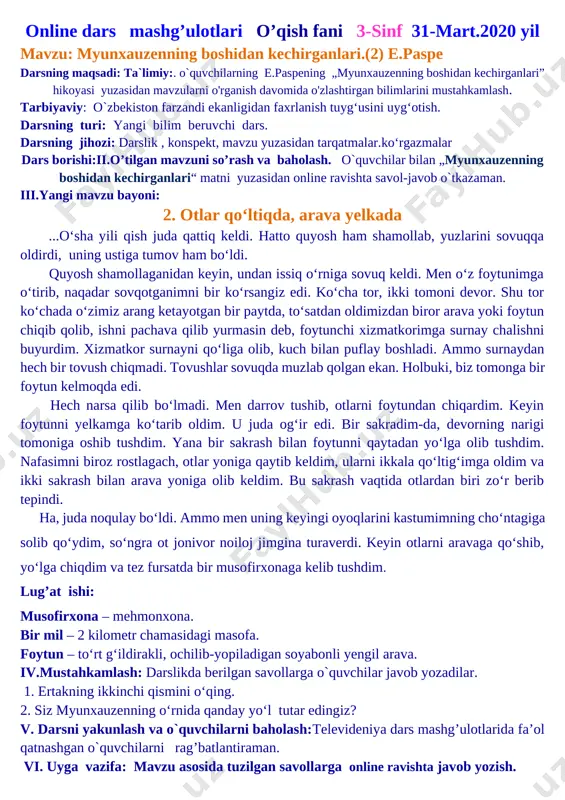 boltachani, o‘ng qo‘limga arqonni ushlaganim holda sirg‘alib, pastga tushaverdim. tez orada arqon ham tugab qoldi, men bo‘lsam osmon bilan yer o‘rtasida, havoda osilib qoldim. bu juda qo‘rqinchli hol edi. lekin pisand qilmadim. uzoq o‘ylab turmasdan, boltachani oldim va arqonning pastki uchiga mahkam yopishib turib, yuqorigi uchini kesdim va uni pastki uchiga uladim. shunday qilib, yerga yaqinlashdim. lekin yerga tushishga hali ham anchagina masofa bor edi. arqonning yuqori uchini ko‘pgina marta kesib, pastki uchiga bog‘lashga to‘g‘ri keldi. nihoyat, shunday pastladimki, hatto shahardagi uylarni va saroylarni ham ko‘ra oldim.yerga hammasi bo‘lib uch yoki to‘rt mil1 qolgan edi. birdan arqon uzilib ketdi. hash-pash deguncha yerga chirpirak bo‘lib tushdim. bir vaqt qarasam, yerga eng kamida yarim mil botib ketibman. o‘zimga kelgandan keyin ko‘p vaqtgacha bu chuqurdan qanday chiqishni bilolmay, esankiradim. kun bo‘yi hech narsa yemay, ichmay o‘yladim. nihoyat, o‘ylab topdim, tirnoqlarim bilan pillapoyachalar yasab, yer ustiga bazo‘r chiqib oldim. ha, myunxauzen hech qayerda qolib …
