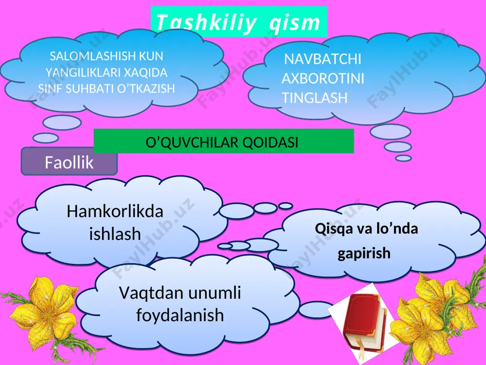 ( yayrayabti , roxatlanyabti) mustaxkamlash: 320- mashq fe’llarni o’qing ,bu so’lar qaysi shaxs va narsalar harakatini bildirishini ayting … _ yoritadi ,isitadi. … - sakrayapti, ma’rayapti . …- sayrayapti ,uchyapti, yayrayapti . …- yuguradi ,kishnaydi . foydalanish uchun so’zlar : ot, to’rg’ay, echki, quyosh . nuqtalar o’rniga fe’llarga mos otlarni qo’yib ,gaplarni tuzing va tuzgan gaplaringizni yozing. fe’l gapda qanday vazifani bajaradi ? fe’l gapda nimaga bog’lanib keladi ? mavzuga oid savollar a n v r o’ 1. eng muqaddas inson 2 gapning bosh bo’lagi 3.bolalarning bahorgi o’yinlari 4. mehnatning tagi _______ 5. o’zbek pul birligi z 6 yer __________ a n v r o’ a m s e g o x o i m a r t a r a 1. eng muqaddas inson 2 gapning bosh bo’lagi 3.bolalarning bahorgi o’yinlari 4. mehnatning tagi _______ 5. o’zbek pul birligi z a k n 6 yer __________ uyga vazifa: 321- …