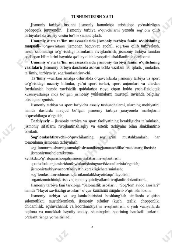 qlarnikundalikhayotidaqo‘llayolish; organizmnichiniqtirish va jismoniyqobiliyatlarnirivojlantirishdaniborat. jismoniy tarbiya fani tarkibiga “salomatlik asoslari”, “sog‘lom avlod asoslari” hamda “hayot xavfsizligi asoslari” o‘quv kurslarini singdirib o‘qitilishi lozim. jismoniy tarbiya va sog‘lomlashtirishni boshlang‘ich sinflarda o‘qitish salomatlikni mustahkamlash, jismoniy sifatlar (kuch, tezlik, chaqqonlik, chidamlilik, egiluvchanlik va koordinatsiya)ni rivojlantirish, o‘yinli vaziyatlarda oqilona va murakkab hayotiy-amaliy, shuningdek, sportning harakatli turlarini o‘zlashtirishga yo‘naltiriladi. 3 yuqori sinflarda ushbu fanni o‘qitish me’yoriy jismoniy rivojlanishga ko‘maklashish, harakatlanish vaqtida va statik holatlarda gavdani to‘g‘ri tutish malakasini mustahkamlash, gimnastika, yengil atletika, sport o‘yinlari(basketbol, voleybol, qo‘l to‘pi, futbol va boshqalar)ga oidmashqlarni bajarishda, texnika va taktika asoslarini o‘rgatishdako‘nikma va malakalarni mustahkamlaydi. jismoniy tarbiya fani o‘qituvchisi dars mashg‘ulotlarini boshlashdan oldin mashg‘ulot o‘tkaziladigan joyni tanlashi, diqqat bilan ko‘zdan kechirishi, sport jihozlarining yaroqli ekanligiga ishonch hosil qilishi va mashg‘ulot o‘tkaziladigan joylarga qo‘yiladigan talablariga ko‘ra,sanitariya-gigiyena shartlarining muvofiqligiga ishonch hosil qilish, o‘quvchilar jismoniy mashqlarni bajarishda xavfsizlik qoidalariga qat’iyan tayangan holda amalga oshiriladi. jismoniy mashqlarni bajarishda xavfsizlik choralariga rioya qilish; - mashg‘ulot o‘tkazish …