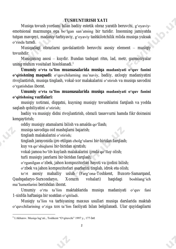 ida maktab o‘quvchilarining o‘ziga xos ta’lim faoliyati bilan belgilanadi. ular quyidagilarni 1 i.akbarov. musiqa lug‘ati., toshkent “o‘qituvchi” 1997 y., 177-bet 3 o‘z ichiga oladi: musiqani tinglash (tinglash madaniyatini o‘rganish, kuy va qo‘shiqlarni tinglash madaniyatiga rioya qilgan holda tinglash, kichik va sodda yozilgan musiqiy asarlarni tahlil qilish), jamoa bo‘lib kuylash (qo‘shiq aytish qoidalariga amal qilish, qo‘shiqni sof ohangda kuylash, qo‘shiq mazmunini tushunib kuylash), musiqa savodini o‘rganish (nota va unda aks etgan yozuvlarni o‘qiy olish, musiqiy atamalarni bilish). musiqa madaniyati o‘quv fanining mazmuni nazariy va amaliy faoliyatlar majmuasidan tashkil topadi. musiqa madaniyati darslarida o‘quvchilar boshlang‘ich musiqiy savodxonlikni, jamoa bo‘lib kuylash, xor, ansambl, orkestr, kompozitorlar va bastakorlar hamda o‘zbek xalq sozanda va xonandalarini ijodiy faoliyati, o‘zbek xalq cholg‘ularini, musiqiy atamalar hamda iboralarni, musiqa janrlari, turlari va ularning ijrochilari, milliy va jahon musiqa madaniyati bilan tanishtirish nazarda tutilgan. dars jarayoni quyidagi faoliyat turlari asosida amalga oshiriladi 1. musiqa tinglash 2. jamoa bo‘lib kuylash 3. …