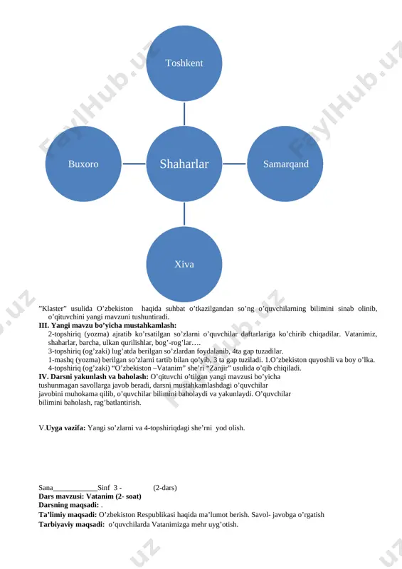 ni yangi mavzuni tushuntiradi. iii. yangi mavzu bo’yicha mustahkamlash: 2-topshiriq (yozma) ajratib ko’rsatilgan so’zlarni o’quvchilar daftarlariga ko’chirib chiqadilar. vatanimiz, shaharlar, barcha, ulkan qurilishlar, bog’-rog’lar…. 3-topshiriq (og’zaki) lug’atda berilgan so’zlardan foydalanib, 4ta gap tuzadilar. 1-mashq (yozma) berilgan so’zlarni tartib bilan qo’yib, 3 ta gap tuziladi. 1.o’zbekiston quyoshli va boy o’lka. 4-topshiriq (og’zaki) “o’zbekiston –vatanim” she’ri “zanjir” usulida o’qib chiqiladi. iv. darsni yakunlash va baholash: o’qituvchi o’tilgan yangi mavzusi bo’yicha tushunmagan savollarga javob beradi, darsni mustahkamlashdagi o’quvchilar javobini muhokama qilib, o’quvchilar bilimini baholaydi va yakunlaydi. o’quvchilar bilimini baholash, rag’batlantirish. v.uyga vazifa: yangi so’zlarni va 4-topshiriqdagi she’rni yod olish. sana____________sinf 3 - (2-dars) dars mavzusi: vatanim (2- soat) darsning maqsadi: . ta’limiy maqsadi: o’zbekiston respublikasi haqida ma’lumot berish. savol- javobga o’rgatish tarbiyaviy maqsadi: o’quvchilarda vatanimizga mehr uyg’otish. rivojlantiruvchi maqsadi: o’quvchilarning og’zaki nutqini o’stirish, lug’at boyligini oshirish. savol-javoblarni tinglab tushunishga o’rgatish shakllantiriladigan kompetensiya: fk :mavzuga oid so’zlarni belgi va faoliyat bildiruvchi so’zlar bilan qo’llashga …