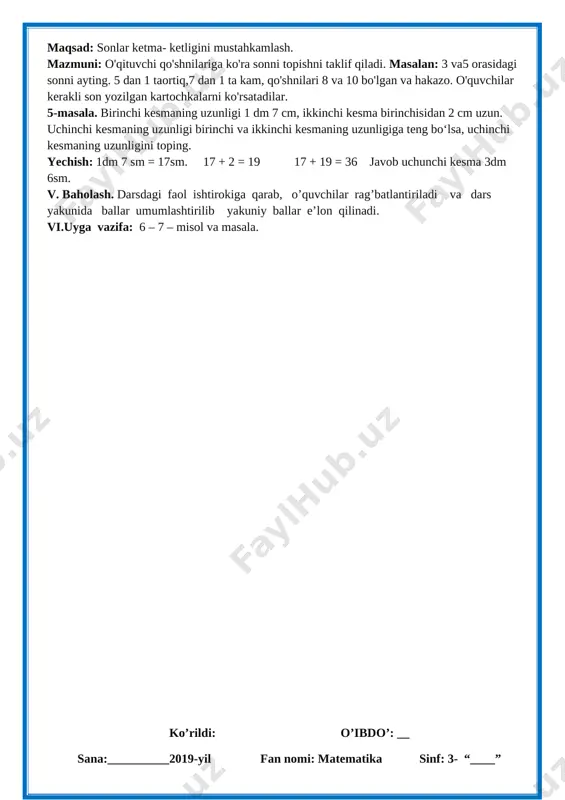 la. 3-sinf o‘quvchilari uchun avval 172 ta, keyin 143 ta darslik keltirildi. har bir o‘quvchiga 9 nomdagi darsliklar berildi. sinfda necha nafar o‘quvchi bor? yechish: 172 + 143 = 315 315 : 9 = 35 javob: 35 nafar o`quvchi bor. 3 - misol. 364 : 4 + 467 = 558 568 : 8 – 51 = 20 126 : 2 + 186 = 249 68 · 4 – 198 = 74 55 · 5 – 188 = 87 45 · 9 – 345 = 60 [image: ]4-masala. sayyohlar toshkentdan navoiy shahriga bo rish uchun 6 soat yo‘l yurishdi. ular jami 480 km masofani bosib o‘tgan bo‘lsa, 1 soatda o‘rtacha necha km yo‘l yurishgan? yechish: 480 : 6 = 80 javob: 80 km?soat. iv. yangi mavzuni mustahkamlash. didaktik o`yin: 4. "qo'shnilarni top"o'yini. maqsad: sonlar ketma- ketligini mustahkamlash. mazmuni: o'qituvchi qo'shnilariga ko'ra sonni topishni taklif qiladi. masalan: 3 va5 orasidagi sonni ayting. …