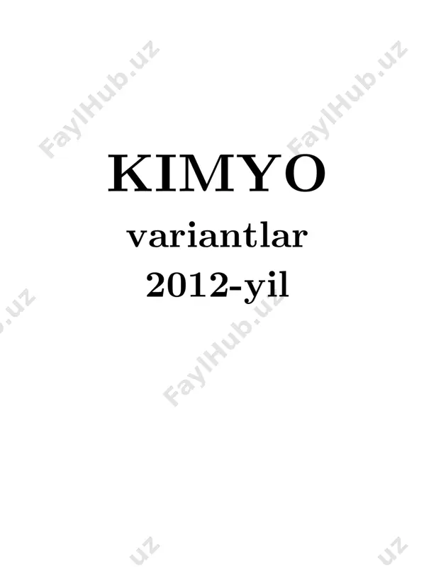 z ajraldi. boshlang‘ich qotishmadagi alyuminiyning mol ulushini (%) toping. a) 30 b) 70 c) 50 d) 60 10. 103 g h2so4 ning suvli eritmasi tarkibida 3,01∙1024 dona kislorod atomi bor. eritmaga 20 g suvsiz h2so4 qo‘shilgandan keyin hosil bo‘lgan eritmadagi kislotaning massa ulushini (%) aniqlang. a) 63 b) 47 c) 44 d) 56 11. 75,6 g zn(no3)2 ni qizdirilgandan keyin qolgan qattiq qoldiq 43,2 g ga teng bo‘ldi. shu qoldiqdagi metallning massasini (g) aniqang. a) 26 b) 13 c) 6,5 d) 10 12. kno3 va cu(no3)2 dan iborat 78 g aralashma qizdirilganda, 28 g gazlar aralashmasi hosil bo‘lsa, reaksiyada hosil bo‘lgan kislorod hajmini (l, n. sh.) aniqlang. a) 6,72 b) 3,36 c) 2,24 d) 89,6 13. 1 mol so2 va o2 aralashmasining dne = 2,4 ga teng. gazlar aralashmasi yopiq idishda pt katalizatori ishtirokida 320°c gacha qizdirildi. bunda harorat dastlabki holatga keltirilganda, idishdagi bosim 12 %ga kamaygan bo‘lsa, reaksiyaning muvozanat …