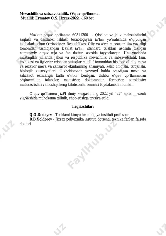 tisodiyoti davrida aholini oziq-ovqat mahsulotlariga, sanoatni esa xom ashyoga bo‘lgan talabini qondirish hozirgi kunda qishloq xo‘jaligi oldida turgan eng muhim dolzarb vazifalardan biri bo‘lib qolmoqda va respublikamiz hukumati bu sohaga katta e’tibor qaratmoqda. mevachilik qishloq xo‘jalik ishlab chiqarishining tarmog‘i sifatida asosiy vazifasi aholini ho‘l mevalar, sanoatni xom ashyo bilan ta’minlashdan iborat. mevachilik va sabzavotchilik fan sifatida meva va rezavor-meva va sabzavot ekinlarining tuzilishi, o‘sish, ko‘payish va hosil berish qonuniyatlarini, tashqi muhit omillariga munosabati va biologiyasini o‘rganish asosida yuqori, sifatli hamda muttasil hosil olish texnologiyasining nazariy asoslari va amaliy usullarini ishlab chiqishdan iborat. mevachilikning xalq xo‘jaligidagi ahamiyati benihoya katta. meva va rezavor- mevalar tarkibi odam organizmi uchun zarur bo‘lgan shakar, organik kislotalar, oqsillar, yog‘lar, oshlovchi, pektin, aromatik moddalar, kolloidlar, mineral tuzlar, fermentlar va vitaminlar manbai. meva va sabzavotni yetishtirish strukturasi ishlab chiqilgan bo‘lib, uni joylarda amalga oshirishga alohida ahamiyat beriladi. chunki, bu tadbirlarni amalga oshirish meva va uzum mahsulotiga bo‘lgan xalq …
