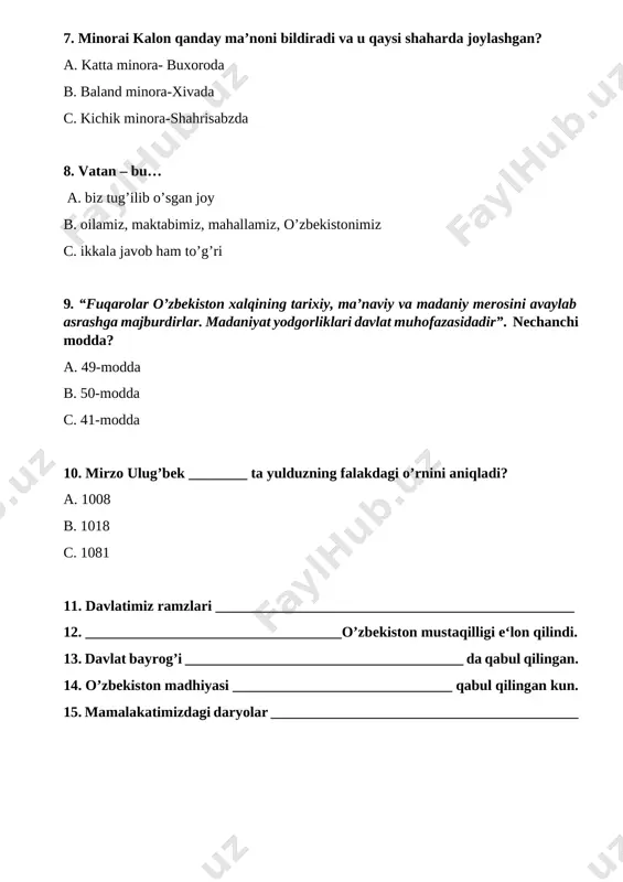 dlashning oson yo’lini kim o’rgatdi? a. ustozi b. onasi c. o’rtog’i d. o’zi topdi 3. sardorning o’rtog’i doskaga chiqqanda o’zini qanday his qiladi? ____________ ______________________________________________________________________ 4. sardorga o’rtog’i qanday maslahat berdi? ________________________________ ______________________________________________________________________ 5. sardor nega kitobning varog’ini yirtib oldi? fikringizni bayon qiling. _________ ______________________________________________________________________ 6. sardor she’rni yodlay oldimi? __________________________________________ ______________________________________________________________________ 7. sardor qayerga bordi? a. yaylovga b. dalaga c. toqqa d. ko’chaga 8. sardor tepalikning ustida nimadan zavqlandi? a. qo’ylarning ma’rashidan b. toza havodan c. ovozining qaytishidan d. ovoz jarangidan 9. onasi besh baho olganligini eshitib… a. xursand bo’ldi b. o’ylanib qoldi c. maqtadi d. xomush bo’ldi 10. kitob rahmatni qabul qilishi mumkinmi? _______________________________ ______________________________________________________________________ 11. siz hayotingizda yuqoridagi kabi vaziyatga duch kelganmisiz? _____________ ______________________________________________________________________ 12. siz she’rni qanday yodlaysiz? _________________________________________ ______________________________________________________________________