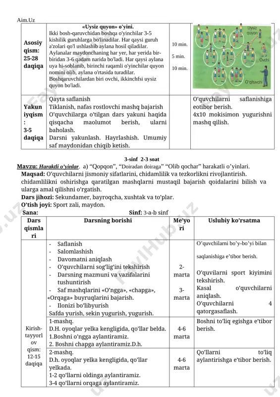 rs o’tish uchun tayyorlash. asosiyqism: 25-28 daqiqa «uysiz quyon» o'yini. ikki bosh-qaruvchidan boshqa o'yinchilar 3-5 kishilik guruhlarga bo'linadilar. har qaysi guruh a'zolari qo'l ushlashib aylana hosil qiladilar. aylanalar maydonchaning har yer, har yerida bir-biridan 3-6 qadam narida bo'ladi. har qaysi aylana uya hi-soblanib, birinchi raqamli o'yinchilar quyon nomini olib, aylana o'rtasida turadilar. boshqaruvchilardan biri ovchi, ikkinchfsi uysiz quyon bo'ladi. 10 min. 5 min. 10 min. yakuniyqism: 3-5 daqiqa qayta saflanish tiklanish, nafas rostlovchi mashq bajarish o’quvchilarga o’tilgan dars yakuni haqida qisqacha maolumot berish, ularni baholash. darsni yakunlash. hayrlashish. umumiy saf maydonidan chiqib ketish. o’quvchilarni saflanishiga eotibor berish. 4x10 mokisimon yugurishni mashq qilish. 3-sinf 2-3 soat mavzu: haraktli o’yinlar. a) “qopqon”, “doiradan doiraga” “olib qochar” harakatli o’yinlari. maqsad: o’quvchilarni jismoniy sifatlarini, chidamlilik va tezkorlikni rivojlantirish. chidamlilikni oshirishga qaratilgan mashqlarni mustaqil bajarish qoidalarini bilish va ularga amal qilishni o’rgatish. dars jihozi: sekundamer, bayroqcha, xushtak va to’plar. o’tish joyi: sport zali, maydon. sana: …