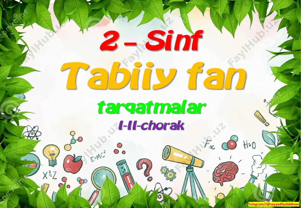 imoya qiladi? tabiatda asalarining qanday ahamiyati bor? chittak daraxtlarga qanday foyda keltiradi? asalari qaysi jihatlari bilan chittakdan farq qiladi? telegram//@sayyodfazliddinov hayvonlar qanday oziqlanadi? hayvonlarning oziqlanishi o‘simliklarning oziqlanishiga o‘xshaydimi? yirtqich sutemizuvchilar bolalarini nima bilan boqadi? odam tanasi qanday tuzilgan? telegram//@sayyodfazliddinov odamning salomatligi uchun kim mas’ul? sog‘lom turmush tarzi nima? salomatligimizni qanday asraymiz? shaxsiy gigiyena nima? telegram//@sayyodfazliddinov shaxsiy gigiyena qoidalarini bilasizmi? zararli odatlar nima va ulardan qanday himoyalanamiz? “salomatlik – tuman boylik” deganda nimani tushunasiz? odam nima uchun oziqlanadi? telegram//@sayyodfazliddinov sog‘liq uchun foydali mahsulotlarni bilasizmi? uglevodlarga boy mahsulotlarni ayting kun davomida qanday ishlar bilan shug‘ullanasiz? kun tartibiga rioya qilasizmi? telegram//@sayyodfazliddinov cho‘l tabiatida qanday o‘zgarishlar kuzatiladi? cho‘llar qanday ahamiyatga ega? o‘rmonlar nega kerak? tabiatda qanday o‘rmonlar uchraydi? telegram//@sayyodfazliddinov qaysi o‘rmon turiga yaqin joyda yashaysiz? cho‘l o‘rmonlari ko‘paytirilishining qanday ijobiy tomonlari bor? tog‘ni qanday tasavvur qilasiz? tog‘lar qanday ahamiyatga ega? telegram//@sayyodfazliddinov qaysi o‘simlik va hayvonlar uchun tog‘ o‘rmonlari yashash joyi hisoblanadi? nima uchun tog‘ …