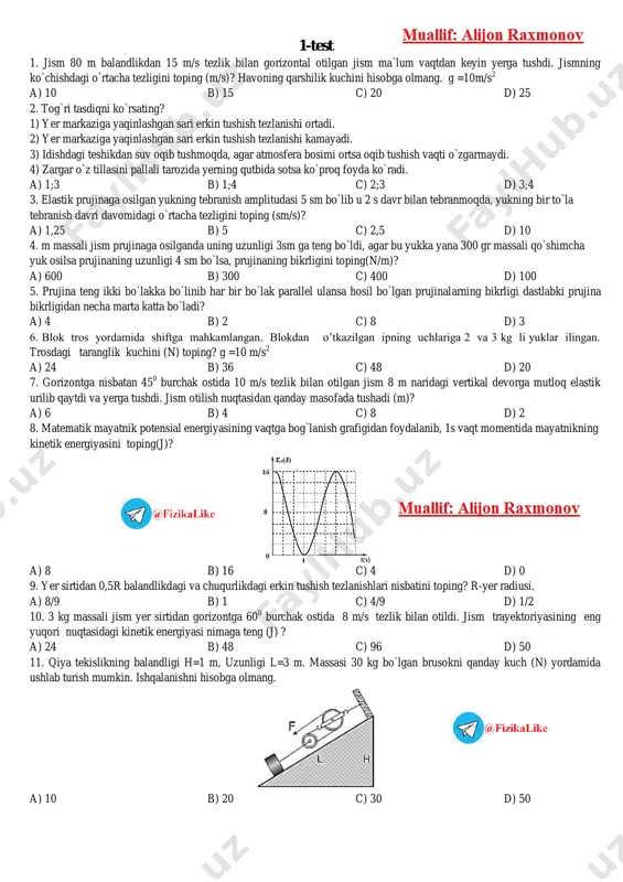 tidan gorizontga 60 0 burchak ostida 8 m/s tezlik bilan otildi. jism trayektoriyasining eng yuqori nuqtasidagi kinetik energiyasi nimaga teng (j) ? a) 24 b) 48 c) 96 d) 50 11. qiya tekislikning balandligi h=1 m, uzunligi l=3 m. massasi 30 kg bo`lgan brusokni qanday kuch (n) yordamida ushlab turish mumkin. ishqalanishni hisobga olmang. a) 10 b) 20 c) 30 d) 50 12. massasi 1,5 kg bo`lgan sharcha va m massasli brusok rasmdagidek ipning uchlariga biriktirilgan. sharcha gorizontal tekislikda 2 m/s tezlik bilan aylanganda, brusok tinch turishi uchun uning massasi eng kamida qanday (kg) bo`lishi kerak? brusok va tekislik orasidagi ishqalanish koeffitsiyenti µ=0,5 , r=30 sm a) 7 b) 5 c) 6 d) 3 13. o`g`irligi 2p bo`lgan richakga 0,6p va p og`irlikdagi jismlar rasmdagidek osilgan bo`lsa ipning taranglik kuchini toping? richakning xar bir qismining uzunligi 5d ga teng. a) 2p b) 4p c) 6p d) 8p 14. tashqi kuchlar …