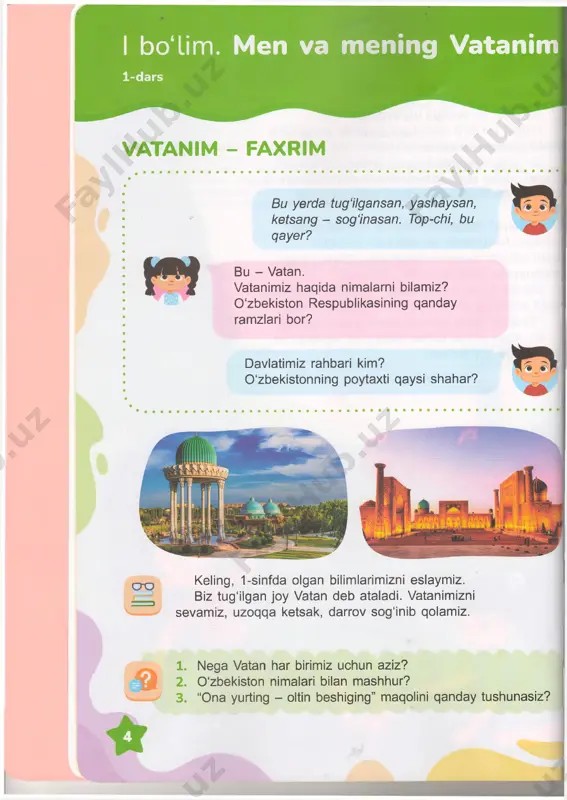 ash uchun yaqinlaringizdan intervyu oling. 2-3-darslar maktab nima uchun kerak? akmal, o'rganishimiz kerak bo'lgan qiziqarli narsalar juda ko‘p. bunda bizga maktab va ustozlarimiz yordam beradi. men matematikani juda yaxshi koyaman. keyin koinotga, yulduzlarga ham qiziqaman. on m siz nimalarga qiziqasiz? demak, senga astronomiya fanini o'rganish ham yoqadi. men esa kompyuter savodxonligi bo'yicha darslar boshlanishini kutyapman. madina, nima uchun biz yana maktabga keldik? axir biz o'qishni, yozishni va hisoblashni bilib oldik-ku. 2-3-darslar odamlar qadimdan atrofdagi olam pas da bilishga qiziqib, uni kuzatganlar, savollariga javob topisnga intilganlar. vaqt 0‘tishi bilan bu izlanishlar natijasida yangi fanlar paydo bo‘lgan. ilm-fan bilan shug‘ullanadigan insonlar olimlar deyiladi. astronomlar yulduzlarni kuzatadilar va koinotni o'rganadilar. geograflar yerni, ya’ni biz yashayotgan sayyorani o'rganadilar. “geografiya” so‘zi yunon tilida “yerni tasvirlamoq” degan ma’noni anglatadi. biologlar tirik tabiatni, tarixchi olimlar esa odamlarning o‘tmishdagi va hozirgi hayotini o‘rganadilar. fiziklar tabiat qonunlar kimyogarlar esa moddalar xususiyatlari haqida izlanadilar. rasmlarga qarang. bu kashfiyotlar uchun qaysi …