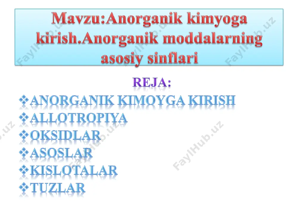 orda mavjud allotropik modifikatsiyalar 3.oksidlar oksidlar – biri kislorod bo’lgan ikki elementdan tashkil topgan murakkab moddalar.oksidlar formulasini sxematik ravishda e2on (e – element,n – elementning valentligi). oksidlarni formulasini tuzish,bunda elementlarning valentligiga asosan yoziladi. • co2• al2o3 • cao• na2o na ca cal oksdilarning nomlanishi: agar element o’zgaruvchan valentlikka ega bo’lib, bir necha xil oksid hosil qilsa, element nomidan so’ng uning valentligi qavs ichida rim raqamida yozliadi va chiziqcha bilan oksid yoziladi.masalan:co – uglerod(ii)-oksid, so3 – oltingugurt(vi)-oksid. doimiy valentlikka ega elementlarning oksidlari «element nomi + oksid» shaklida yasaladi.masalan: mgo – magniy oksid,al2o3 – alyuminiy oksid. oksidlarni nomlashda o’zgaruvchan valentli elementlar uchun kislorod sonining yunoncha nomidan foydalanish: co – uglerod monoksid, so2 – oltingugurt dioksid,wo3 – volfram trioksid,ruo4 – ruteniy tetraoksid. bundan tashqari oksdilarni tabiatda uchrashi,turmushda qo’llanilishi va tarixiy nomlar bilan ham nomlanadi.masalan:h2o –suv,sio2 – qum,kvars,mgo – magneziya,fe2o3 – qizil temirtosh. 4.asoslar asoslar(gidroksidlar) – deb metal atomi va bir yoki bir nechta …