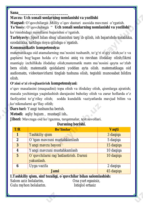 olar. darsimiz: -matematika -qani, ayting bolalar, kim navbatchi bo’ladi? ushbu kunning hisobin, menga aytib beradi. ob-havo haqida ma`lumot va butun dunyoda ro`y berayotgan yangilikla haqida ma`lumot - bugun hafta kunining naq _______ bo’libdi, olloh ushbu kuniga katta nazar solibdi. barcha yaxshi yumushlar, ezgu niyat orzular, ushbu kunning o’zida ijobat ham bo’libdi. ii. o`tgan mavzuni mustahkamlash. o`tilgan mavzu yuzasidan savol-javob o`tkazish, uy vazifasini bajarilishini tahlili o`tkazilib no`to`g`ri bajarilgan misollar yuzasidan ko`rsatma beraman. 9. yozing: a) uch xonali sonlar ko'rinishida: 4 yuzl. 6 o'nl.=460 7 yuzl. 4 o'nl.=740 2 yuzl. 5 o'nl.=250 b) yuzliklar, o'nliklar va birliklar ko'rinishida: 730= 7 yuzl. 3 o‘nl. 0 birl. 670= 6 yuzl. 7 o‘nl. 0 birl. 810= 8 yuzl. 1 o‘nl. 0 birl. 10. hamshira har bir kishini yangi shpris bilan emladi. agar 2-“a” sinfda 32 nafar o'quvchi, 2-“b” sinfda 2-“a” sinfdagidan 5 nafar kam va 2-“d” sinfda esa 3 nafar ko'p o'quvchi bo'lsa, qancha shpris …