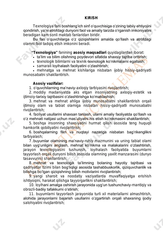 tiy vaziyatlarda muvaffaqiyatga erishish ishtiyoqini, harakat qilishga tayyorgarlikni shakllantirish; 10. loyihani amalga oshirish jarayonida uyg‘un tushunchaviy-mantiqiy va obrazli-badiiy tafakkurni o‘stirish; 11. buyumlarni tayyorlash jarayonida turli xil materiallarni almashtirish, alohida jarayonlarni bajarish usullarini o‘zgartirish orqali shaxsning ijodiy salohiyatini rivojlantirish; 12. texnologik xarita bilan ishlashni o‘rgatish va har qanday buyumni tayyorlash texnologiyasini qat’iy bajarish asosida dastlabki konstruktorlik- texnologik bilim va ko‘nikmalarni shakllantirish; 13. ramziy-belgilar va fazoviy tafakkurni, ijodiy tasavvur va ijodiy fikrlashni rivojlantirish; 14. loyiha faoliyati madaniyatini o‘zlashtirish asosida ichki faoliyat rejasini shakllantirish, jumladan: maqsad qo‘yish, rejalashtirish (harakat rejasini tuzish va uni o‘quv vazifalarini yechishda qo‘llash qobiliyati), tahmin qilish (turli sharoitlarda harakatni bajarish natijasini oldindan aytish), nazorat qilish, tuzatish kiritish va baholashni o‘z ichiga olgan jarayonlarni amalga oshirish. o‘qitish metodikasi “texnologiya” fanini o‘qitish metodikasi zamonaviy ta’lim texnologiyalarini faol qo‘llashni ko‘zda tutadi, jumladan: 1) muammoli ta’lim (har bir dars boshida muammoli savol berish); 2) muammoni muhokama qilishda o‘quvchilarning hayotiy tajribasidan foydalanish; 3) mashqlarni …
