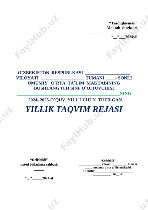 bilasiz 4 baxtimiz qomusi (8-dekabr - konstitutsiya kuni munosabati bilan). davlat bayrog'i haqida she'r yodlash 5 o'zbekiston respublikasi madhiyasi (10-dekabr - davlat madhiyasi qabu l qilingan kun munosabati bilan). madhiyani yodlash 6 yo'lni kesib o'tish. to':\.iash joyi. (yo'i harakati qoidalari) qoidalarni o'rganish 7 biz yangi yilni qanday kutib olamiz? (yangi yil bayrami yaqinlashishi munosabati bilan) 3-chorak dars rakami dars mavzusi uyga vazifa sana 1 vatanparvar ajdodlarimiz (14-yanvar – vatan himoyachilari kuni munosabati bilan). she'rlar yodlash 2 to‘maris kim? qoidalarni o'rganish 3 maxsus transport vositalari va turlari (yo‘l harakati qoidalari). ma'lumot toplash 4 buyuk ajdodlarimiz (navoiy va bobur tavallud kunlari oldidan). bobolarimiz ogitlarini yodlash 5 do‘stlik – bebaho ne’mat. (2-mart o‘zbekiston bmtga qabul qilingan kun munosabati bilan) qoidalarni o'rganish 6 onalar - uyimiz charog‘boni (8-mart – xotin-qizlar kuni munosabati bilan). kiyinish madanyatini o'rganish 7 oilada mening o‘rnim va vazifam. qoidalarni o'rganish 8 transportda yurish qoidalari(yo‘l harakati qoidalari). tabriknomalar yasash 9 milliy …