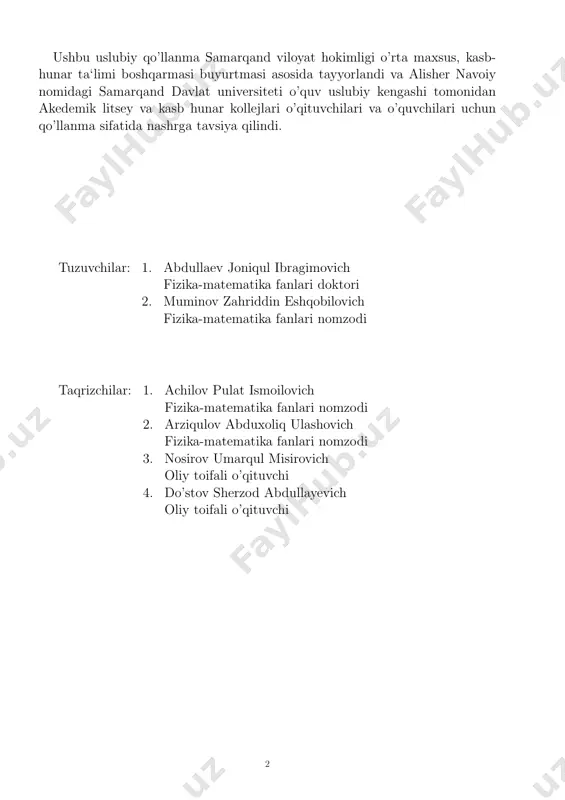 1.2.1 oddiy kasrlar . . . . . . . . . . . . . . . . . . . . . . . . . . . . . . . . . . . . . . . . . . . 13 1.2.2 aralash kasrlar . . . . . . . . . . . . . . . . . . . . . . . . . . . . . . . . . . . . . . . . . . 16 1.2.3 o’nli kasrlar . . . . . . . . . . . . . . . . . . . . . . . . . . . . . . . . . . . . . . . . . . . . 19 1.2.4 cheksiz davriy o’nli kasrlar . . . . …