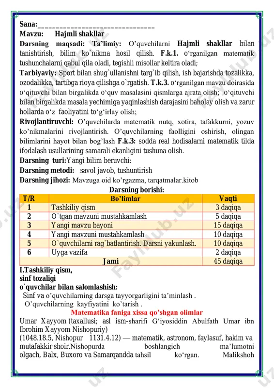 tni olgach, balx, buxoro va samarqandda tahsil koʻrgan. malikshoh https://uz.wikipedia.org/wiki/nishopur https://uz.wikipedia.org/wiki/matematik https://uz.wikipedia.org/wiki/astronom https://uz.wikipedia.org/wiki/faylasuf https://uz.wikipedia.org/wiki/hakim https://uz.wikipedia.org/w/index.php?title=mutafakkir&action=edit&redlink=1 https://uz.wikipedia.org/wiki/shoir https://uz.wikipedia.org/wiki/balx https://uz.wikipedia.org/wiki/buxoro https://uz.wikipedia.org/wiki/samarqand va nizomulmulk (1019—92) daʼvati bilan 1074- yilda isfahonda rasadxona qurdirgan va unga rahbarlik qilgan. yulduzlar jadvali (zij), 1079- yilda yangi isloh qilingan taqvim (kalendar) tuzgan. bu taqvim yevropada undan 500 yil keyin joriy qilingan grigoriy kalendaridan ham aniqroq boʻlgan. umar xayyom ilmda ham, ijodda ham oʻzini shayx urrais abu ali ibn sinoning hassos va sadoqatli shogirdi hisoblagan. ibn sino asarlarini tushunmagan kishilar ularni izohlash va sharhlashni undan soʻraganlar. u ustozining bir qator asarlarini arabchadan forschaga tarjima qilib, sharhlab bergan, uning gʻoya va qarashlarini davom ettirgan hamda targʻib qilgan. xorazmlik ulugʻ alloma abu rayho n beruniy ota-onasidan juda yosh yetim qolgan va iroqiylar xonadonida tarbiyalangan. iroqiylarning oxirgi vakili xorazmshoh, abu abdulloh muhammad ibn ahmad ibn iroq hisoblanadi. xorazmshohning jiyani — amakisining oʻgʻli abu nasr mansur ibn iroq beruniyning ustozi edi. beruniy juda …