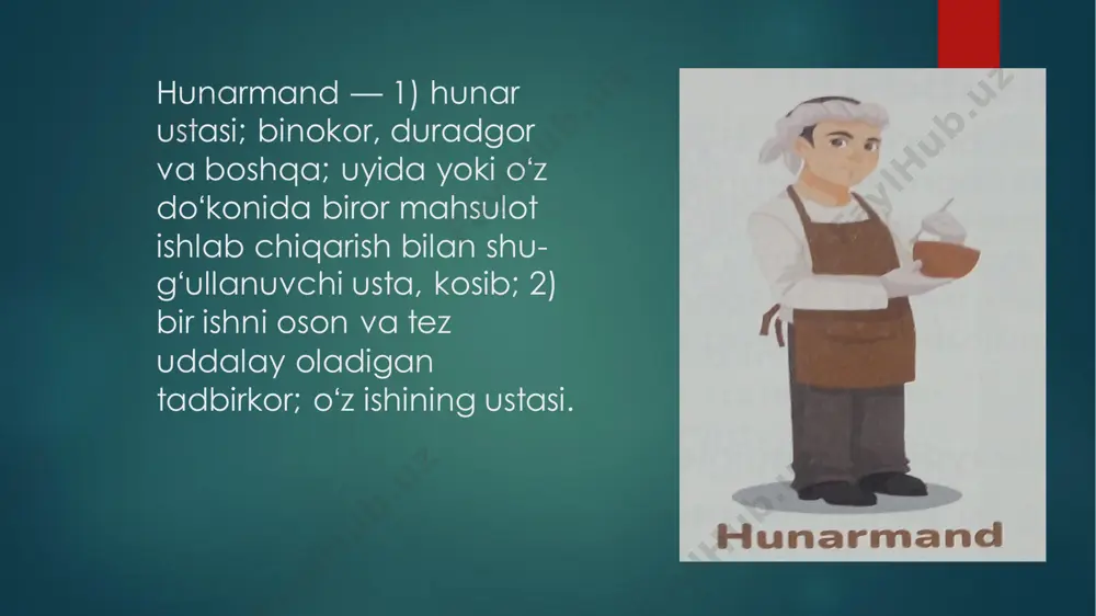 haydovchi — yo‘llarda transport vositasini boshqarib borayotgan shaxs. slide 5: jurnalist — asosiy faoliyati jurnalistika bilan shugʻullanish boʻlgan, muhim faktlar, voqealar, odamlar, hodisalar haqidagi axborotni yigʻish, qayta ishlash va uni auditoriyaga yetkazish orqali oavni axborot bilan toʻldiruvchi kishi. slide 6: advokat — yuridik yordam koʻrsatuvchi shaxs. jinoyat ishlari boʻyicha surishtiruv, tergov harakatlari yuritilganda va sud majlisida, fuqaroviy ishlar sudda, xoʻjalik nizolari xoʻjalik sudlarida yoki maʼmuriy huquqbuzarlik toʻgʻrisidagi ishlar sud