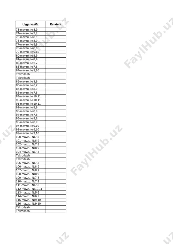 aytirish 1 107-mavzu, №8,9 120 sonni 7 ga bo‘lish 1 108-mavzu, №8,9 121 8 sonini ko‘paytirish va 8 ga ko‘paytirish 1 109-mavzu, №7,8 122 sonni 8 ga bo‘lish 1 110-mavzu, №7,9 123 9 sonini ko‘paytirish va 9 ga ko‘paytirish 1 111-mavzu, №7,8 124 sonni 9 ga bo‘lish 1 112-mavzu, №10,11 125 ko‘paytirish jadvali 1 113-mavzu, №5,6 126 ko‘paytirish bilan bo‘lish orasidagi bog‘lanish 1 114-mavzu, №6,7 127 bo‘luvchilar va karralilar 1 115-mavzu, №9,10 128 masalalar yechish 1 116-mavzu, №9,10 129 7-nazorat ishi 1 takrorlash 130 xatolar ustida ishlash 1 takrorlash