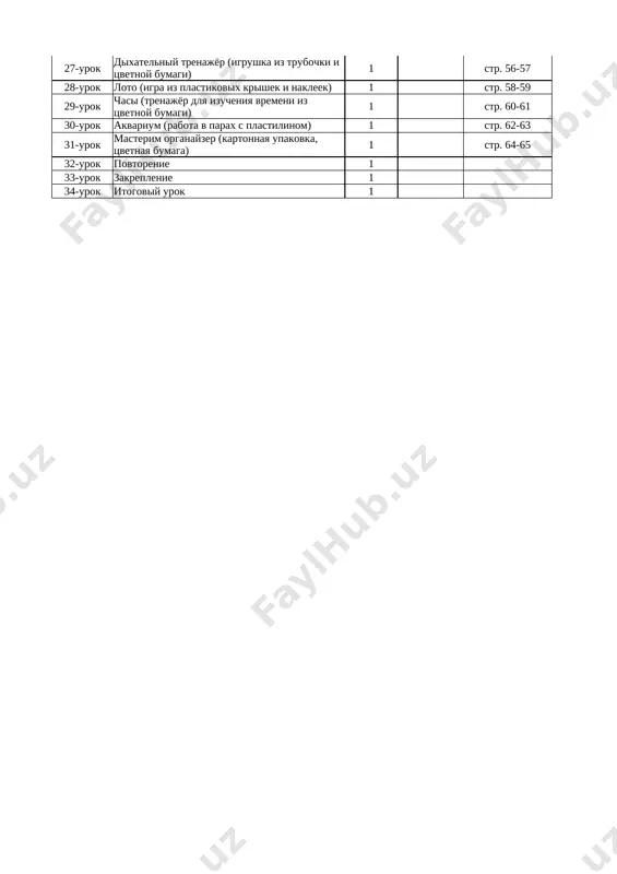 y bumagi) 1 str. 56-57 28-urok loto (igra iz plastikovix krishek i nakleek) 1 str. 58-59 29-urok chasi (trenajyor dlya izucheniya vremeni iz tsvetnoy bumagi) 1 str. 60-61 30-urok akvarium (rabota v parax s plastilinom) 1 str. 62-63 31-urok masterim organayzer (kartonnaya upakovka, tsvetnaya bumaga) 1 str. 64-65 32-urok povtorenie 1 33-urok zakreplenie 1 34-urok itogoviy urok 1