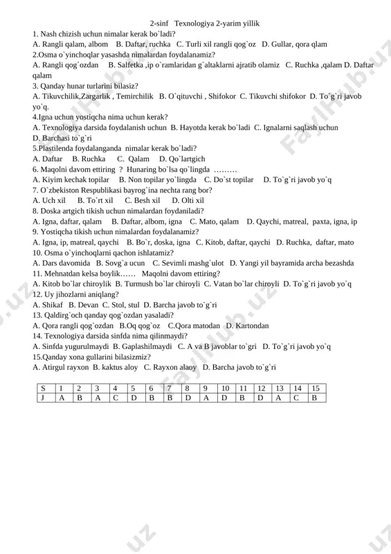 laniladigan ish qurollarni aniqlang? a. qaychi, qog`oz b. yelim, mato c. mato, urug`lar d. barcha javoblar to`gri s 1 2 3 4 5 6 7 8 9 10 11 12 13 14 15 j a c d c a c c b d b b d d b d 2-sinf texnologiya 2-yarim yillik 1. nash chizish uchun nimalar kerak bo`ladi? a. rangli qalam, albom b. daftar, ruchka c. turli xil rangli qog`oz d. gullar, qora qlam 2.osma o`yinchoqlar yasashda nimalardan foydalanamiz? a. rangli qog`ozdan b. salfetka ,ip o`ramlaridan g`altaklarni ajratib olamiz c. ruchka ,qalam d. daftar qalam 3. qanday hunar turlarini bilasiz? a. tikuvchilik,zargarlik , temirchilik b. o`qituvchi , shifokor c. tikuvchi shifokor d. to`g`ri javob yo`q. 4.igna uchun yostiqcha nima uchun kerak? a. texnologiya darsida foydalanish uchun b. hayotda kerak bo`ladi c. ignalarni saqlash uchun d. barchasi to`g`ri 5.plastilenda foydalanganda nimalar kerak bo`ladi? a. daftar b. ruchka c. qalam …
