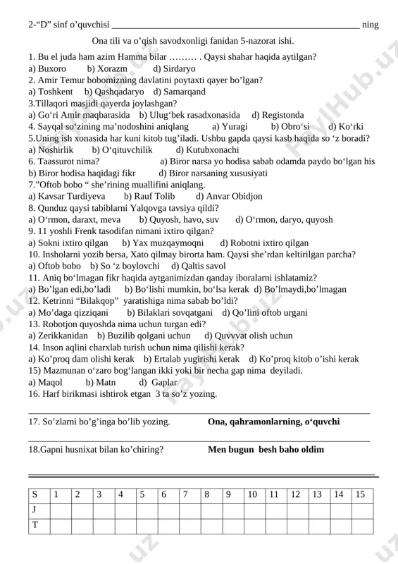 ______________________________________ 17. so’zlarni bo’g’inga bo’lib yozing. ona, qahramonlarning, o‘quvchi _________________________________________________________________________ 18.gapni husnixat bilan ko’chiring? men bugun besh baho oldim __________________________________________________________________________ s 1 2 3 4 5 6 7 8 9 10 11 12 13 14 15 j t 2-“d” sinf o’quvchisi _____________________________________________________ ning ona tili va o’qish savodxonligi fanidan 5-nazorat ishi. 1. bu el juda ham azim hamma bilar ……… . qaysi shahar haqida aytilgan? a) buxoro b) xorazm d) sirdaryo 2. amir temur bobomizning davlatini poytaxti qayer bo’lgan? a) toshkent b) qashqadaryo d) samarqand 3.tillaqori masjidi qayerda joylashgan? a) go‘ri amir maqbarasida b) ulug‘bek rasadxonasida d) registonda 4. sayqal so‘zining ma’nodoshini aniqlang a) yuragi b) obro‘si d) ko‘rki 5.uning ish xonasida har kuni kitob tug’iladi. ushbu gapda qaysi kasb haqida so ‘z boradi? a) noshirlik b) o‘qituvchilik d) kutubxonachi 6. taassurot nima? a) biror narsa yo hodisa sabab odamda paydo bo‘lgan his b) biror hodisa haqidagi fikr d) biror …
