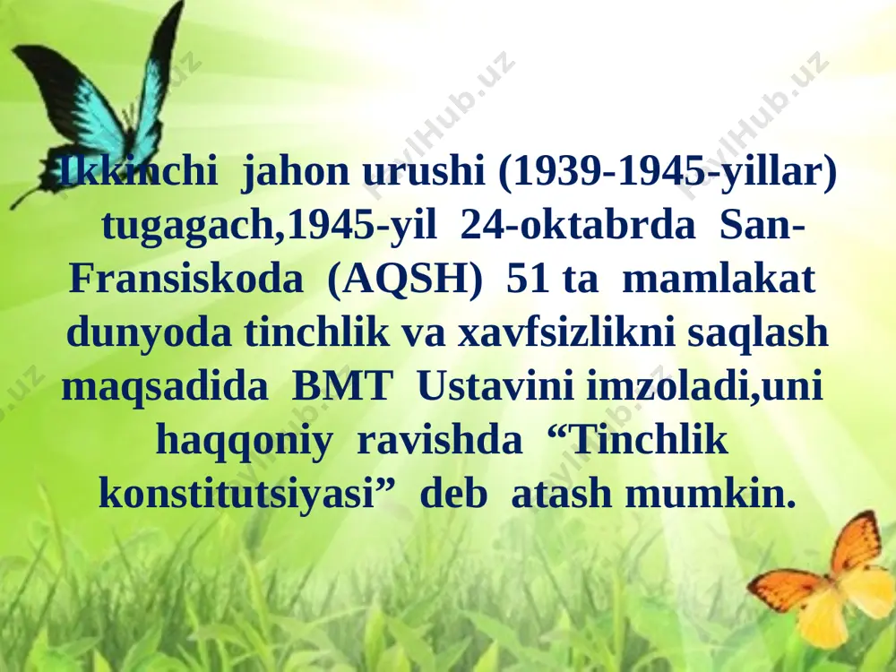 a bmt bosh assambleyasining uchinchi sessiyasida 217 a(iii) rezolyutsiyasida qabul qilingan. u 30 moddadan iborat. bmt da 1946-yildan boshlab bolalar fondi yunisef faoliyat yuritib kelmoqda. uning yordami bilan har yili 3 milliondan ortiq bolaning hayoti saqlab qolinmoqda. 1959-yilda bmt bosh assambleyasi bola huquqlari deklaratsiyasini qabul qildi.uning maqsadi baxtli bolalikni ta’minlash,bolalarning huquq va erkinliklarini himoya qilish 1979-yil bmt tomonidan xalqaro bola yili deb e’lon qilindi.1989-yil bolalar huquqlari haqidagi konvensiya ham qabul qilindi. unda 18 yoshga to’lmagan shaxslarning elementar huquqlari belgilab qo’yildi bolalar huquqlari: -o’z oilasida yashash; -yetarlicha ovqatlanish va toza suv bilan ta’minlanish huquqi; -qulay yshash darajasiga ega bo’lish huquqi; -sog’lig’ini saqlash huquqi; -alohida g’amxo’rlik va maxsus professional tayyorgarlik olish huquqi; -o’z tilida so’zlashish,o’z dinidan va madaniyatidan foydalanish huquqi; -o’yinlar va ko’ngilochar tadbirlarda qatnashish huquqi; -erkin ta’lim olish huquqi; -o’z salomatligini himoyalash huquqi; -shafqatsizlik,kmsitish va adolatsiz munosabatda bo’lishdan himoyalanish huquqi; -o’z fikrini erkin bildirish,o’z nuqtayi nazarlarini namoyon etish uchun tengdoshlari bilan …