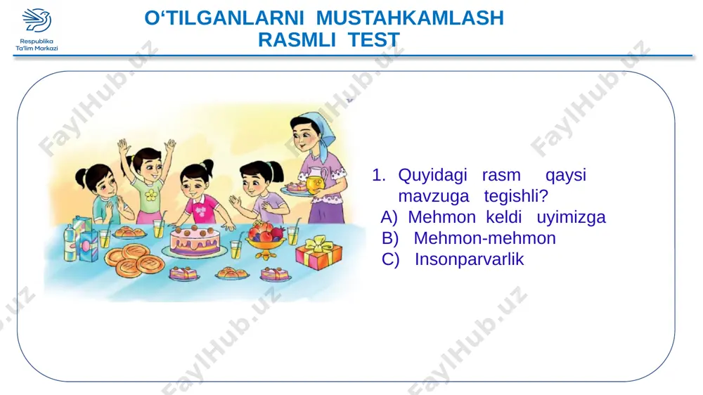i. u atrofga qaradi, hamma sinfdoshlari o‘zi bilan o‘zi ovora edi... shunga o‘xshash voqealar sizning hayotingizda ham bo‘lganmi? savollarga javob bering sizningcha temurning ovqat idishini kim to‘ldirib qo‘ygan bo‘lishi mumkin? siz do‘stingizga yashirincha yaxshilik qilganmisiz? do‘stini xijolatga qo‘ymaslik deganda nimani tushunasiz? «maqollarni davom ettiring» do‘st bilan- do‘st do‘stga- do‘st do‘stning- do‘st kuyunar- do‘stsiz boshim- do‘st qiyin kunda- do‘st achitib gapirar- bolajonlar o‘ylab ko‘ring! e’tiboringiz uchun rahmat! image1.png image2.png image3.png image4.png image5.jpeg image6.jpeg image7.jpeg image8.jpeg image9.jpeg image10.png image11.jpeg image12.jpeg image13.png image14.jpeg image15.jpeg