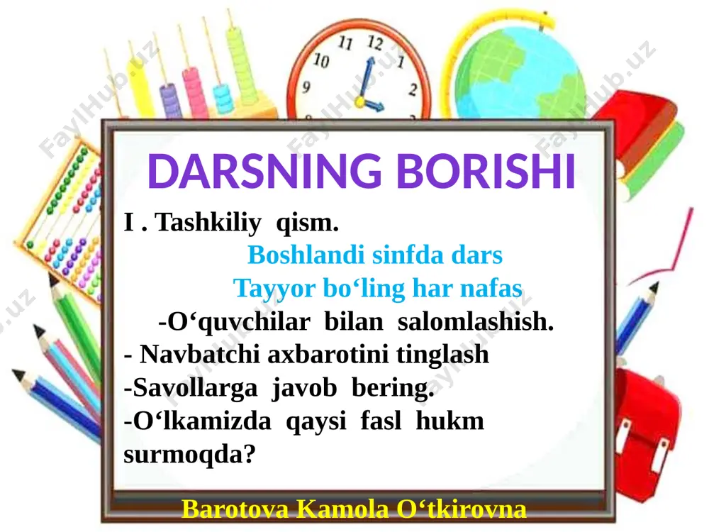 keyin ularni teng guruhlarga bo‘lib chiqamiz. jami doirachalar soni 14 ta. 14 ta barotova kamola o‘tkirovna doiralarni necha xil usulda guruhlarga ajratish mumkin? bu son 7 ga va 2 ga bo‘linadi. ya’ni har biri 2 tadan bo‘lgan 7 ta guruhga yoki har biri 7 tadan bo‘lgan 2 ta guruhga ajratish mumkin. 14 ÷ 2 = 7 14 ÷ 7 = 2 demak, ularni 2 ta 7 talik yoki 7 ta 2 talik guruhlarga ajratish mumkin. 14 ta barotova kamola o‘tkirovna olmaxon qo‘ziqoringa daraxtgacha bo‘lgan masofadan necha marta kam sakrab yetib boradi? barotova kamola o‘tkirovna qisqa shart tuzamiz: olmaxon qo‘ziqoringacha- 9 marta qo‘ziqorindan daraxtgacha- 9 marta umumiy masofa -18 m qaysi biriga tez yetib boradi-? barotova kamola o‘tkirovna berilgan topshiriqni yozma bajaramiz. olmaxon qo‘ziqoringa yetib borish uchun 9 marta sakradi. qo‘ziqorindan daraxtgacha bo‘lgan masofaga ham 9 marta sakrab yetadi. chunki olmaxondan qo‘ziqoringacha bo‘lgan masofa bilan qo‘ziqorindan olmaxongacha bo‘lgan masofa teng: 18 …