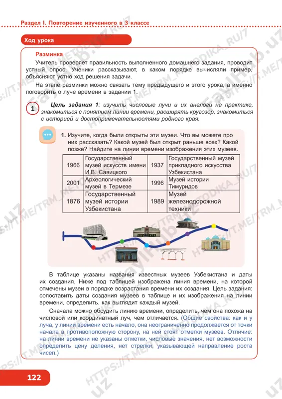 la mojno obsudit liniyu vremeni, opredelit, chem ona poxoja na chislovoy ili koordinatniy luch, chem otlichaetsya. (obshie svoystva: kak i u lucha, u linii vremeni est nachalo, ona neogranichenno prodoljaetsya ot tochki nachala v protivopolojnuyu storonu, na ney stoyat otmetki muzeev. otlichie: na linii vremeni ne ukazani otmetki, chislovie znacheniya, net vozmojnosti opredelit tsenu deleniya, net strelki, ukazivayushey napravlenie rosta chisel.) 1. izuchite, kogda bili otkriti eti muzei. chto vi mojete pro nix rasskazat? kakoy muzey bil otkrit ranshe vsex? kakoy pozje? naydite na linii vremeni izobrajeniya etix muzeev. 1966 gosudarstvenniy muzey iskusstv imeni i.v. savitskogo 1937 gosudarstvenniy muzey prikladnogo iskusstva uzbekistana 2001 arxeologicheskiy muzey v termeze 1996 muzey istorii timuridov 1876 gosudarstvenniy muzey istorii uzbekistana 1989 muzey jeleznodorojnoy texniki 1 tsel zadaniya 1: izuchit chislovie luchi i ix analogi na praktike, znakomitsya s ponyatiem linii vremeni, rasshiryat krugozor, znakomitsya s istoriey i dostoprimechatelnostyami rodnogo kraya. https://t .me/trm_metodika_ru/7 https://t .me/trm_metodika_ru/7 …
