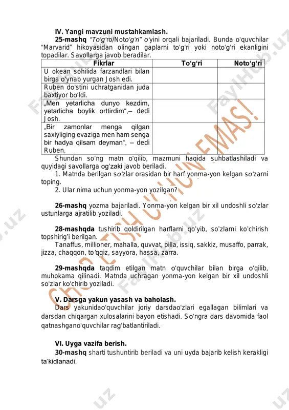 „men yetarlicha dunyo kezdim, yetarlicha boylik orttirdim“,– dedi josh. „bir zamonlar menga qilgan saxiyliging evaziga men ham senga bir hadya qilsam deyman“, – dedi ruben. shundan so’ng matn o‘qilib, mazmuni haqida suhbatlashiladi va quyidagi savollarga og‘zaki javob beriladi. 1. matnda berilgan so‘zlar orasidan bir harf yonma-yon kelgan so‘zarni toping. 2. ular nima uchun yonma-yon yozilgan? 26-mashq yozma bajariladi. yonma-yon kelgan bir xil undoshli so‘zlar ustunlarga ajratilib yoziladi. 28-mashqda tushirib qoldirilgan harflarni qo’yib, so’zlarni ko’chirish topshirig’i berilgan. tanaffus, millioner, mahalla, quvvat, pilla, issiq, sakkiz, musaffo, parrak, jizza, chaqqon, to’qqiz, sayyora, hassa, zarra. 29-mashqda taqdim etilgan matn o‘quvchilar bilan birga o‘qilib, muhokama qilinadi. matnda uchragan yonma-yon kelgan bir xil undoshli so‘zlar ko‘chirib yoziladi. v. darsga yakun yasash va baholash. dars yakunidao‘quvchilar joriy darsdao‘zlari egallagan bilimlari va darsdan chiqargan xulosalarini bayon etishadi. so‘ngra dars davomida faol qatnashgano‘quvchilar rag‘batlantiriladi. vi. uyga vazifa berish. 30-mashq sharti tushuntirib beriladi va uni uyda bajarib kelish kerakligi ta’kidlanadi.
