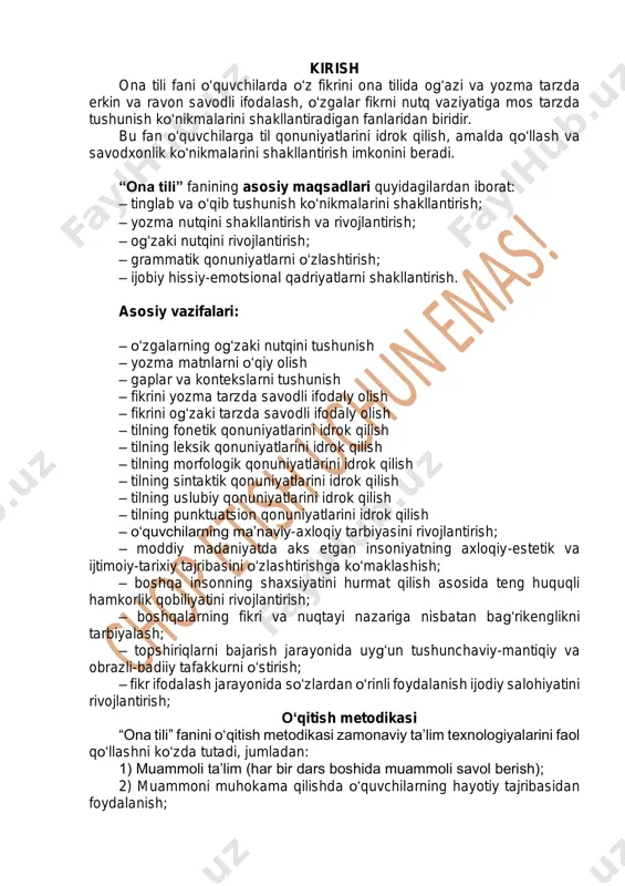a’lim (har bir dars boshida muammoli savol berish); 2) muammoni muhokama qilishda o‘quvchilarning hayotiy tajribasidan foydalanish; 3) mashqlarni bajarishda guruh va yakka tartibda ishlash; 4) blum taksonomiyasi asosida bilim, ko‘nikma va malakalarni bosqichma-bosqich shakllantirish; 5) fikrlashning asosiy turlariga tayanish (ko‘rgazmali-obrazli, ko‘rgazmali-amaliy, mavhum, assotsiativ); 6) loyihaviy ta’lim (har bir bob yoki chorak oxirida kichik loyihalarni amalga oshirish); 7) refleksiya. “ona tili” darslarida “4k” kompetensiyalarini rivojlantirish tanqidiy fikrlash – tahlil qilish – fikrlar, savollar va dalillar o‘rtasidagi mantiqiy bog‘liqliklarni aniqlay olish qobiliyati; – baholay olish – voqeylik yoki hodisani baholay olish qobiliyati; – tushuntirish – voqeylik yuzasidan o‘z nuqtayi nazarini asoslay olish qobiliyati; – o‘z-o‘zini boshqarish – o‘z-o‘zini tahlil qila olish qobiliyati. ijodkorlik – qiziquvchanlik – o‘rganilayotgan fan yoki mavzuga qiziqish, u haqida ko‘proq bilishga intilish, mustaqil ravishda ma’lumot izlash va o‘z savollariga javob topishga harakat qilish; – tasavvur qilish – namuna yoki o‘rganilgan texnika va usul asosida o‘z mahsulotlarini yaratish qobiliyati; …