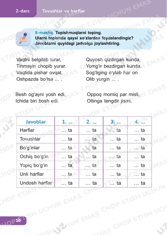 ovqat, oshpazda bo‘lsa ... . besh og‘ayni yosh edi, ichida biri bosh edi. quyosh qizdirgan kunda, yomg‘ir bezdirgan kunda. sog‘liging o‘ylab har on olib yurgin ... . oppoq momiq par misli, oltinga tengdir jismi. chop etish uchun emas chop etish uchun emas chop etish uchun emas chop etish uchun emas chop etish uchun emas chop etish uchun emas chop etish uchun emas chop etish uchun emas chop etish uchun emas chop etish uchun emas chop etish uchun emas chop etish uchun emas chop etish uchun emas chop etish uchun emas chop etish uchun emas chop etish uchun emas chop etish uchun emas chop etish uchun emas chop etish uchun emas chop etish uchun emas chop etish uchun emas chop etish uchun emas 1111 2-darstovushlar va harflar 9- mashq. “men bilib oldim” o‘yini. o‘quvchilar ikki guruhga bo‘linadilar. birinchi guruh hayvonlar tovushlariga, ikkinchi guruh narsa va hodisalar tovushlariga taqlid soʻzlarga misollar keltiradilar. …