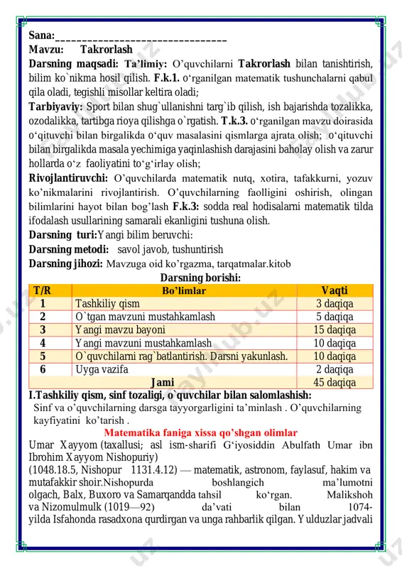 h, balx, buxoro va samarqandda tahsil koʻrgan. malikshoh va nizomulmulk (1019—92) daʼvati bilan 1074- yilda isfahonda rasadxona qurdirgan va unga rahbarlik qilgan. yulduzlar jadvali https://uz.wikipedia.org/wiki/nishopur https://uz.wikipedia.org/wiki/matematik https://uz.wikipedia.org/wiki/astronom https://uz.wikipedia.org/wiki/faylasuf https://uz.wikipedia.org/wiki/hakim https://uz.wikipedia.org/w/index.php?title=mutafakkir&action=edit&redlink=1 https://uz.wikipedia.org/wiki/shoir https://uz.wikipedia.org/wiki/balx https://uz.wikipedia.org/wiki/buxoro https://uz.wikipedia.org/wiki/samarqand https://uz.wikipedia.org/wiki/nizomulmulk https://uz.wikipedia.org/wiki/isfahon https://uz.wikipedia.org/wiki/rasadxona (zij), 1079-yilda yangi isloh qilingan taqvim (kalendar) tuzgan. bu taqvim yevropada undan 500 yil keyin joriy qilingan grigoriy kalendaridan ham aniqroq boʻlgan. umar xayyom ilmda ham, ijodda ham oʻzini shayx urrais abu ali ibn sinoning hassos va sadoqatli shogirdi hisoblagan. ibn sino asarlarini tushunmagan kishilar ularni izohlash va sharhlashni undan soʻraganlar. u ustozining bir qator asarlarini arabchadan forschaga tarjima qilib, sharhlab bergan, uning gʻoya va qarashlarini davom ettirgan hamda targʻib qilgan. xorazmlik ulugʻ alloma abu rayho n beruniy ota-onasidan juda yosh yetim qolgan va iroqiylar xonadonida tarbiyalangan. iroqiylarning oxirgi vakili xorazmshoh, abu abdulloh muhammad ibn ahmad ibn iroq hisoblanadi. xorazmshohning jiyani — amakisining oʻgʻli abu nasr mansur ibn iroq beruniyning ustozi edi. beruniy …