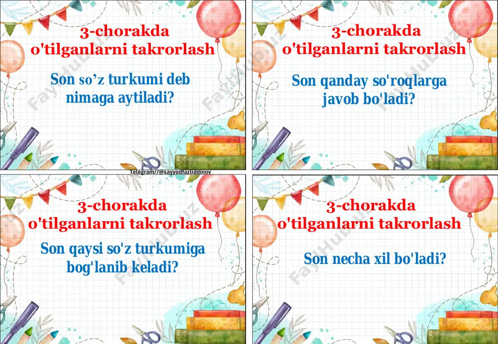 rini aniqlash otlarda nechta kelishik bor? men, sen kishilik olmoshlariga tushum va qaratqich kelishigi qo'shilsa, qanday o'zgarish bo'ladi? jo'nalish kelishigining qo'shimchasi u kishilik olmoshiga qo'shilganda so'zda qanday o'zgarish bo'ladi? telegram//@sayyodfazliddinov kishilik olmoshlarini sanab bering. matndan kishilik olmoshlarini aniqlash matndan kishilik olmoshlarini aniqlash matndan kishilik olmoshlarini aniqlash matndan kishilik olmoshlarini aniqlash siz kelajakda kim bo'lmoqchisiz? shifokor bo'lish uchun qaysi fanlarni yaxshi bilish kerak deb hisoblaysiz? yulduzlar haqida nimalarni bilasiz? telegram//@sayyodfazliddinov nima deb o'ylaysiz, fazo kemasi qanday uchadi? matndan kishilik olmoshlarini aniqlash matndan kishilik olmoshlarini aniqlash kishilik olmoshlarini gaplarda to'g'ri qo'llash kishilik olmoshlarini gaplarda to'g'ri qo'llash siz ham fazogir bo'lishni orzu qilasizmi? kelishik qo'shimchalari bilan qoʻllangan kishilik olmoshlarida bo'ladigan tovush o'zgarishlarini ayting. kishilik olmoshlari gapda qaysi - bo'lak vazifasida keladi? 4-sinf ona tili fanidan darslik asosidagi mavzulashgan 4-chorak tarqatmalari 2023-2024-o’quv yili uchun novda nashri kitobidan ajoyib dizaynda tayyorlangan tarqatma umumiy 88-ta tarqatmadan 22 ta varoqdan bitta varoqqa 4 tadan tarqatma savol joylangan …
