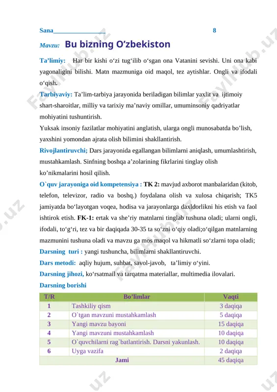 arni rag`batlantirish. darsni yakunlash. 10 daqiqa 6 uyga vazifa 2 daqiqa jami 45 daqiqa i.tashkiliy qism : salomlashish , davomatni aniqlash, o`quvchilarni darsga tayyorgarligini tekshirib nazorat qilish. bugungi kunda ta`lim sohasini isloh qilish, ta`lim sifatini oshirish,o`qituvchilarni o`z ish faoliyatidan chalg`itmaslik borasida prezidentimiz sh.miromonovich qarorlar, farmonlar,yoshlarni bo`sh paytini mazmunli tashkil etish ,xalq farovonligini yaxshilash uchun esa 5 ta tashabbusni joriy etdi.siz tashabbusni qay tartibda o`rgandingiz? dunyolarni egallab cho`qqilarga chiqdik biz. yurtboshimiz madadkor qo`llar 5 ta tashabbus. 1-o`quvchi: musiqa chal,she`rlar yoz sen xoxlasang rasm chiz. aktyor bo`lmoqchimisan? qo`llar 5ta tashabbus. 2-o`quvchi: sport bilan shug`ullan boks, tennis, suvda suz. sport bilan chiniqasan qo`llar 5ta tashabbus 3-o`quvchi: kompyuter asri bu kerakli dasturlar tuz. xalqqa tegsin zo`r foygang qo`llar 5ta tashabbus. istagan mavzuingizda zakas olamiz telegram guruhimiz @fidoiy_ustozlar murojaat uchun tel : 978450909 telegram @secret_0909 rasmiy kanallarimiz @birinchisinf89 @ikkinchisinf89 @uchunchisinf89 @turtinchisinf89 @fidoiy_ustozlar1 kanalimiz @fidoiy_ustozlar guruhimiz [bookmark: _goback]istagan mavzuingizda zakas olamiz telegram guruhimiz @fidoiy_ustozlar murojaat uchun …
