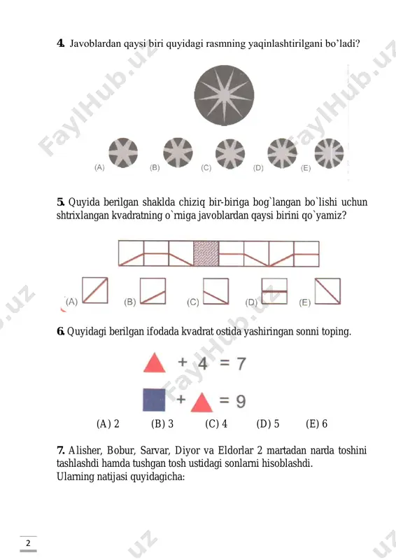 rolidan chiqib, xaritada ko’rsatilgan barcha orollar bo’ylab suzib pasxi oroliga qaytib borishni rejalashtirgan. butun yo’lning uzunligi 100 km. agar vulqonlar oroli orqali suzayotgan bo’lsangiz, cho’l va ko’l orollari orasidagi masofa pasxi va gullar orollari orasidagi masofaga teng. agar to’g’ridan to’g’ri suzsa, pasxi va ko’l orollari orasidagi masofa qanchaga teng bo’ladi? (a) 17km (b) 23 km (c) 26 km (d) 33 km (e) 35 km 12. suv bilan to`ldirilgan idishning vazni 400 grammga teng. bo`sh idishning vazni esa 100 gramga teng. yarmigacha suv bilan to`ldirilgan idishning og`irligini aniqlang? (a) 150 (b) 200 (c) 225 (d) 250 (e) 300 13. maxsus soat uchta ko`rsatkichga ega (soat, minut va sekund) uchun. biz qaysi ko`rsatkich nimaligini anglatishini (soatmi, minutmi yoki sekundmi) bilmaymiz. ammo soat to`g`ri ishlaydi. soat 12:55:30 da ko`rsatkichlar yuqoridagi rasmda ko`rsatilgandek edi. soat 8:11:00 da maxsus soat quyidagilardan qaysi birini ko`rsatadi? 5 14. xasan o’yinchoq magazindan bir nechta o’yinchoqlar sotib oldi hamda …