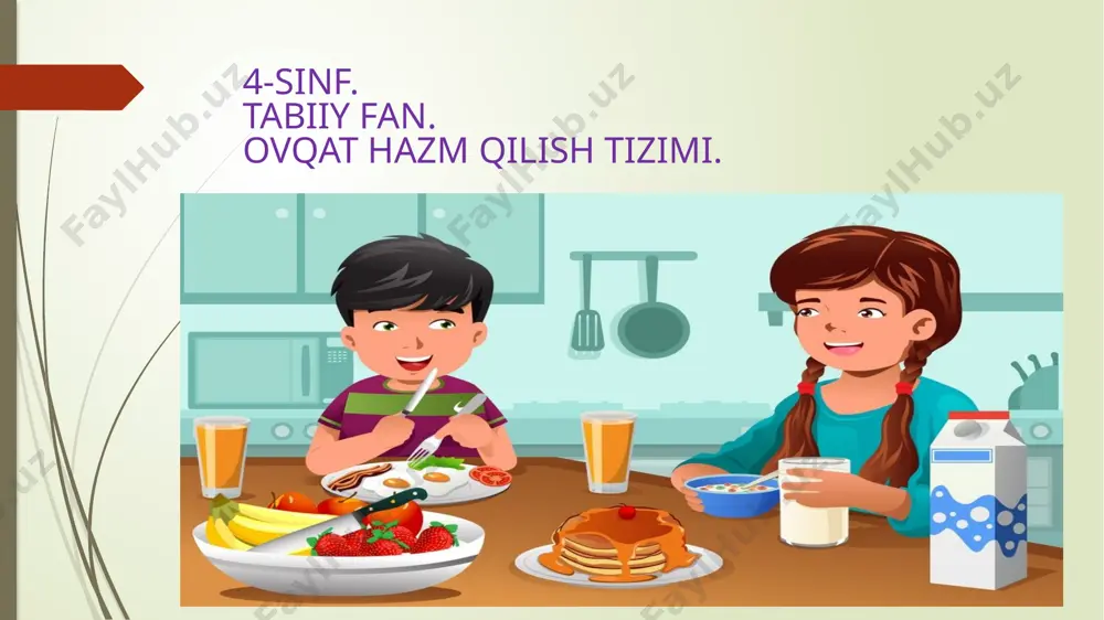 ovqatlarni hazm qilish ma`lum vaqtni oladi. keyin oshqozondan bir xil massa o‘n ikki barmoqli ichakka kiradi. o‘n ikki barmoqli ichakda oziq-ovqat nihoyat mayda zarrachalarga bo‘linadi. keyin ingichka ichakka o‘radi. ichaklar qon tomirlari bilan zich qoplangan, bu yerda ozuqa moddalari qonga singib ketadi. oxirida xazm qilinmagan oziq-ovqat qoldiqlari yo‘g‘on ichakka tushadi. ulardan suv va tuzlar tanaga singib ketadi va qoldiqlari chiqariladi. to‘g‘ri ovqatlanish. tana oqsillar, yog‘lar va vitaminlarga muhtoj, ammo ular qat`iy belgilangan miqdorda bo‘lishi kerak. oziq-ovqatlarni ko‘p iste`mol qilish semirishga, semirish esa ichki a`zolarning kasalliklariga olib keladi. uyga vazifa. o‘zingiz uchun bir kunlik foydali menyu tuzing. so‘ng menyudagi taomlarning rasmini chizing. image1.jpg image2.jpeg image3.jpeg image4.jpeg image5.jpeg image6.png image7.png image8.jpeg image9.png image10.png image11.png image12.png image13.png image14.png image15.png image16.jpeg image17.png image18.png image19.jpeg image20.png image21.jpeg image22.png image23.png