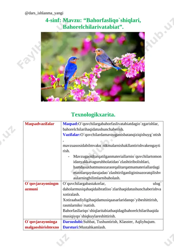 hnio`rganadi. qisqavaqtichidako`pma`lumotlargaegabo`ladivabaholayoladi. kelgusirejalar o`qituvchi:yangi pedagogic texnologiyalarnio`zlashtirish, darsdaqo`llash, o`zustidaishlash, mavzunihayotiyvoqealarbilanbog`lsh, pedogogikmahoratinioshirish. o`quvchi: mustaqilishlashnio`rganadi, fikriniravonbayonqilaoladi. shu mavzugaasoslanib, qo`shimchamateriallartopadi, ularnio`rganadi. fikrivaguruhfikrinitahlilqilib, mustaqilfikrlashnihosilqiladi. a) darsningta`limiymaqsadi: o`quvchilargabahorfaslivabahorelchilari, tabiathaqidatushunchaberish. b) darsningtarbiyaviymaqsadi: o`quvchilardaijodiymahorat, nafosatvabadiiyliknio`stirish, fikrdoirasinikengaytirish, mustaqillikvatashabbuskorliknitarbiyalash. c) darsningrivojlantiruvchimaqsadi: musiqaasarinitinglash, qo`shiqlarkuylashvamusiqiysavodinioshirishorqalio`quvchilardamusiqiyqobilyatvaiqtidornirivojlantirish. darsningshiori:“musiqainsonqalbinichaqmoqkabichaqnatishilozim” l.v.betxoven. “musiqainsonnimukammallikkayetaklaydi” abu ali ibn sino. darsninguslubi:“aqliy-hujum”, savol-javob, tushuntirish, klasster. darsningjihozi:kundalik, yillikreja, 4-sinf musiqadarsligi, ko`rgazmalar, tarqatmamateriallar, kartochkalar, nota yozuvlari, audio cd disk yozuvlari, texnikvositalar. darsningblokchizmasi № tashkiliyqism vaqt 1 a) salomlashish b) davomatnianiqlash c) o`quvchilarnidarsgatayyorgarliginitekshirish 2 o`tilganmavzunitakrorlabmustahkamlanadi, tezkorsavol-javoblar, “aqliyhujm”, musiqatinglashorqalimustahkamlanadi. 3 “bahorkeldi” musiqasinitinglash, “ovozsozlash”, “jamoabo`libkuylash”, ibrohimjiyanovshe`ri, hurshidahasanovamusiqasi, “sog`lom bola” qoshig`inio`quvchilartomonidaxorbo`libkuylash. 4 yangimavzu:o`quvchilargaklassterusulifanfoydalanib, “bahorfasliqo`shiqlari, bahorelchilarivatabiathaqida” tushunchaberiladi. “bog` ichida” qo`shigi` i.jiyanovshe`ri, hurshidahasanovamusiqasi 5 musiqasavodi:musiqasavodxonligiorqalio`quvchilarbilanmuzokoralaro`tkaziladi. musiqanotalaribelgilarinitopishadi. tarqatilgankartochkalarniizohlabberish