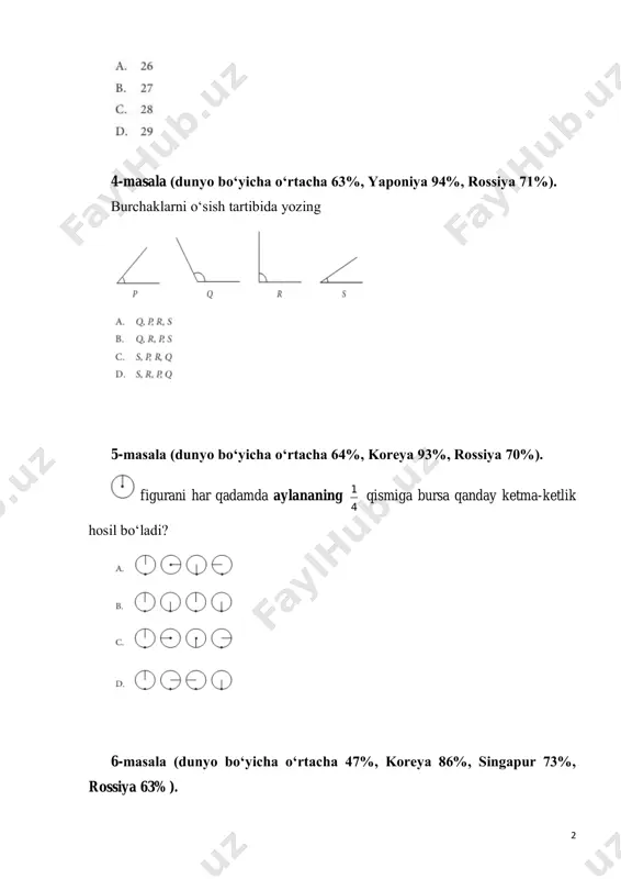 . qizil qalamlar soni qora qalamlar sonidan qancha ko‗p? 5 12-masala (dunyo bo‘yicha o‘rtacha 72%, gonkong 97%, rossiya 89%). jadvalga mos bo‗lgan ustunli diagrammani toping 13-masala (dunyo bo‘yicha o‘rtacha 54%, tayvan 79%, rossiya 53%). diagrammada maktab sinflari haqida ma‘lumotlar keltirilgan 6 har bir sinfga 30 nafar o‗quvchi sig‗adi. qancha o‗quvchi yetishmayapti? 14-masala (dunyo bo‘yicha o‘rtacha 63%, yaponiya 80% , tayvan 75%, singapur 78%, rossiya 68%). diyora qog‗ozdan korobka yasamoqchi. chap tarafdagi qaysi shakllardan o‗ng tarafdagi korobkani yasash mumkin? 15-masala (dunyo bo‘yicha o‘rtacha 73%, singapur 95%, rossiya 14%). tom nonning 1 2 qismini, yana esa 1 4 qismini yedi. ikkalasi ham nonning qaysi qismini yeyishdi? 16-masala (dunyo bo‘yicha o‘rtacha 44%, gongkong 82%, singapur 81%, rossiya 35%). 7 qaysi kasr qolganlarga teng emas? 17-masala ( dunyo bo‘yicha o‘rtacha 60%, koreya 97%, rossiya 67% ). dunkan 4,8 km avtomobilda va 1,5 km avtobusda yurdi. jami bo‗lib qancha km yo‗l yurildi? 18-masala (dunyo bo‘yicha …