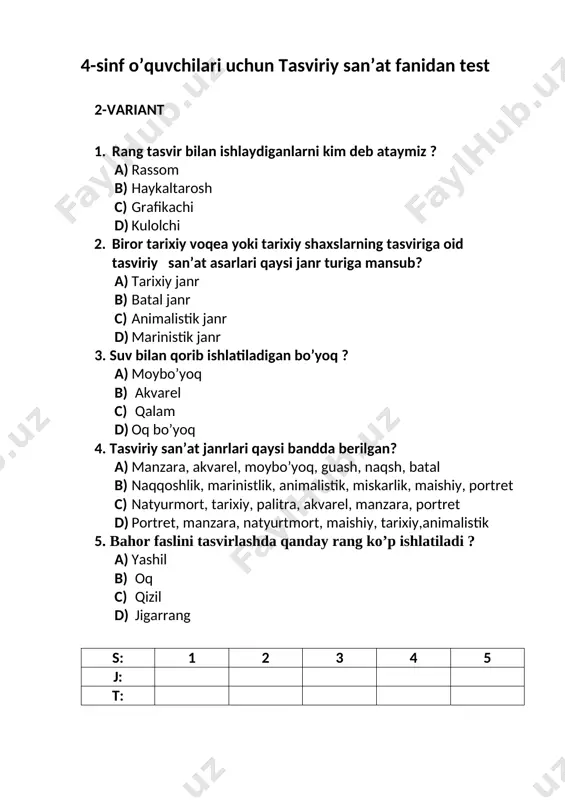 lma-xil uy-ro`zg`or buyumlari, idish-tovoq yasovchi usta c) qog`ozga rasm chizuvchi shaxs d) to’g’ri javob yo’q 2. katamarin nima? a) yelkanlarni tortish uchun ishlatiladigan baland ustun b) osmonda uchish uchun mo`llangan moslama c) paluba bilan birlashgan ikki korpusli kema d) to’g’ri javob yo’q 3. qog`ozni parchalab yopishtirish yo`li bilan narsa-buyumlar yasash usuli bu - . . . a) kvilling b) papye-mashe c) to’g’ri javob yo’q d) origami 4.material bu - … a) maxsus qalin qog`oz b) biror maqsad uchun kerakli xom-ashyo, modda c) plastmassaning yengil ko`piksimon turi d) barcha javoblar to’g’ri 5. o`lchov asbobi vositasida narsaning uzunligi, o`lchamini belgilash – bu … deyiladi a) birlashtirmoq b) qirqmoq c) o`lchamoq d) chizmoq s: 1 2 3 4 5 j: t: 4-sinf o’quvchilari uchun texnologiya fanidan test savollari 2-variant 1. qizil yelkanli kema yasash uchun nima kerak bo`ladi? a) somon bo`laklari, yelim, karton b) penoplast, qizil qog`oz, machta uchun dumaloq uzun cho`p, tishkovlagich …