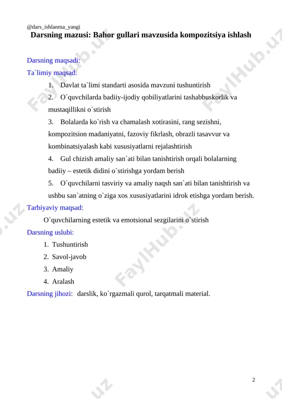 an mavzuni mustahkamlash uchun savollar [image: ] [image: ]qo’shimcha ma’lumot uyga vazifa bahor gullari kompozitsiyasini rang tasvirida yakunlab kelish. foydalanilgan adabiyotlar 1. 4-sinf tasviriy san`at darsligi 2. 3-sinf tasviriy san`at darsligi 3. boshlang`ich ta`lim jurnali 14 image4.png image5.png image6.png image7.png image8.png image9.png image10.png image11.png image12.png image13.png image14.png image15.png image16.png image17.png image18.png image19.png image1.png image2.png image3.png