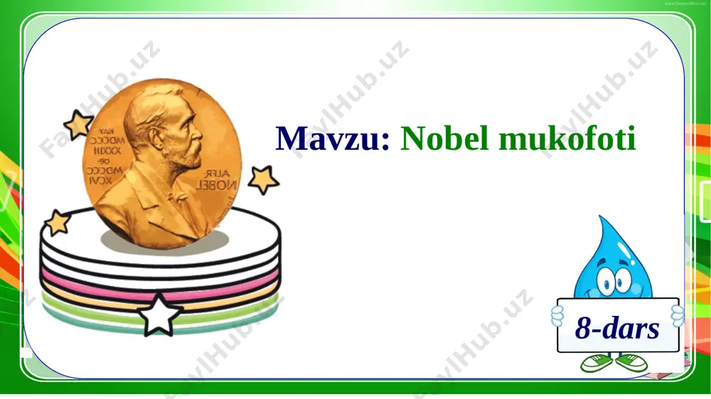 lar, yozuvchilar, davlat arboblari, qurollar, norvegiya. nobel yaratgan yovuz qurollar minglab odamlarning hayotiga zomin boʻlgandi. mukofotni qoʻlga kiritish uchun nobel qoʻmitasiga o‘zingiz murojaat etmaysiz. balki, ishlaringizga yuqori baho bergan dunyoga mashhur olimlar, davlat arboblari xat yozishadi. nobel mukofotini taqdirlash marosimi har yili 10-dekabrda shvetsiya hamda, norvegiya poytaxtlarida tantanali ravishda boʻlib oʻtadi. 3-topshiriq. berilgan gaplardagi bo‘sh o‘rinlarni to‘ldiring. qo‘yish uchun so‘zlar: olimlar, yozuvchilar, davlat arboblari, qurollar, norvegiya. 4-topshiriq. har bir gapda 2 tadan xato yozilgan so‘zlarni aniqlang. 1. lekin yilar oʻtip ixtirochi qilgan ishlaridan afsuslanadi. 2. aytishlaricha, olim odamlar uni kechirishi uchun nobel mukofotini oʻylap topkan. 3. mukofotni qoʻlga kiritish uchun no‘bel qoʻmitasiga oʻzingis murojaat etmaysiz. 4-topshiriq. har bir gapda 2 tadan xato yozilgan so‘zlarni aniqlang. 1. lekin yillar oʻtib ixtirochi qilgan ishlaridan afsuslanadi. 3. mukofotni qoʻlga kiritish uchun nobel qoʻmitasiga oʻzingiz murojaat etmaysiz. 2. aytishlaricha, olim odamlar uni kechirishi uchun nobel mukofotini oʻylab topgan. e’tiboringiz uchun rahmat! image1.jpeg image2.png image3.jpeg …