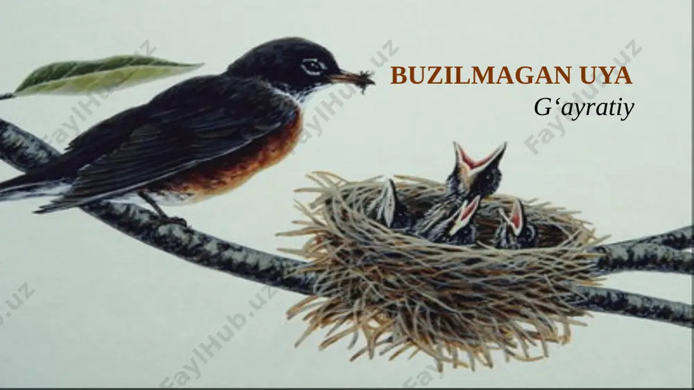 (ot) 1 ta sayroqi, xushovoz. (sifat) 2 ta chirqillaydi, uchadi, qo‘nadi. (fe’l) 3 ta “tepamizga onasi kelib chirqilladi”. (gap) 1 ta qarqunoq. (ma’nodosh so‘z) 1 ta mustaqil topshiriq: 1. hikoyani o‘qib, sarlavhaning ma’nosini izohlang. 2. chumchuq uyasini buzmoqchi bo‘lib, mahkam to‘g‘ri ish qildimi? 3. nima uchun «qushlar bizning do‘stimiz» deymiz? 4. bobo va nabira mahkamga qanday yordam ko‘rsatdilar? image1.png image2.jpeg image3.png image4.png image5.png image6.png image7.png image8.png image9.png image10.jpeg image11.png