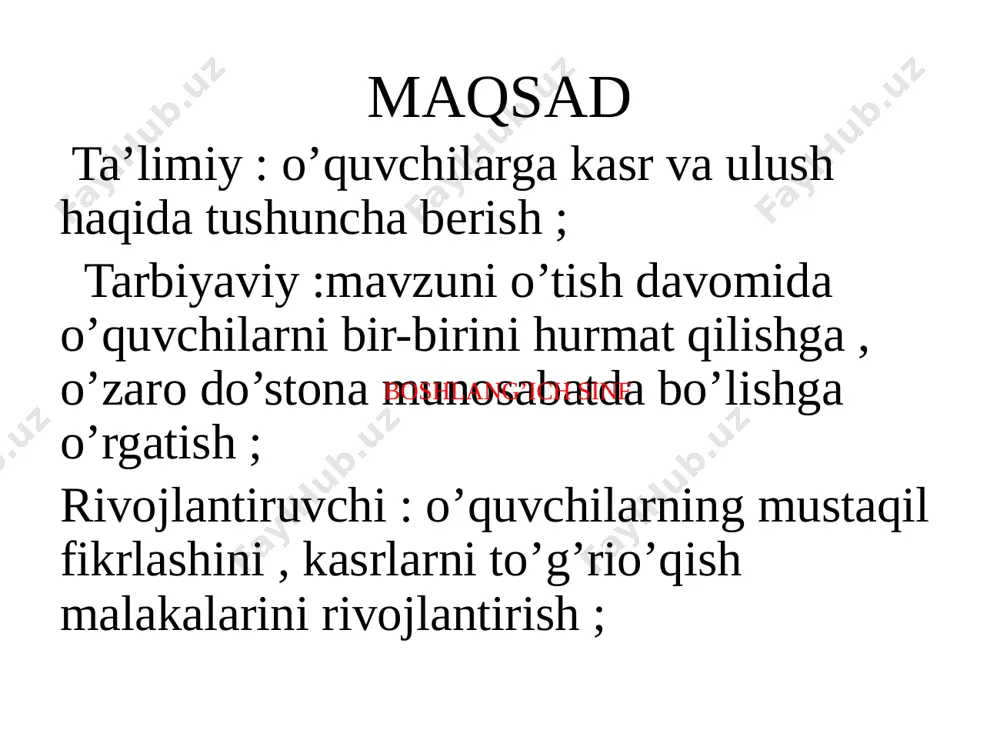 o`lsa, o`sha kasr kichik bo`ladi: 4/7 ˂ 4/5 natural sonlar to`plami “n” harfi bilan belgilanadi. eng kichik natural son 1, eng kattasi mavjud emas. natural sonlarga 0 ni va hamma butun manfiy sonlarni qo`shsak, butun sonlar to`plami hosil bo`ladi va bu to`plam “z” harfi bilan belgilanadi. agar kasrning maxraji o`nning darajalaridan iborat bo`lsa, o`nli kasr deyiladi. bu holda suratni maxrajga bo`lish yakunlanadi. agar kasrning maxraji 2 va 5 dan tashqari boshqa tub bo`luvchilarga ega bo`lsa, kasrni chekli o`nli kasr ko`rinishida tasvirlab bo`lmaydi. maxraji 10 ning darajasidan iborat oddiy kasrlarni o`nli kasr shaklida yozish qoidasi: 1-qoida: agar oddiy kasrning maxrajidagi 0 (nol)lar soni suratdagi raqamlar soniga teng bo`lsa, u holda verguldan so`ng o`ng tomonga kasrning surati yoziladi. 2-qoida: oddiy kasrning maxrajidagi 0 (nol) lar soni suratdagi raqamlar sonidan ko`p bo`lsa, u holda suratning chap tomoniga nollar yozish bilan suratdagi raqamlar soni maxrajdagi nollar soniga tenglashtiriladi va 1-qoidadan foydalaniladi. sonlarni yozing 0,5 …