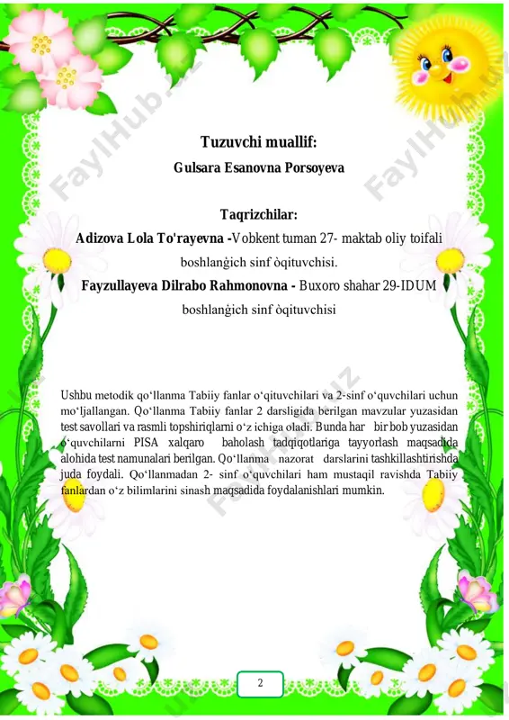 irilgan bilimlarni amaliyotga tadbiq etishga xizmat qiladi. qo‘llanmadagi topshiriqlar bola faoliyatini to‘g‘ri yo‘naltirishga qaratilgan bo‘lib, avvalo uning sog‘ligini muhofaza qilishni, unda turfa fazilatlarni shakllantirish uchun amaliy yondashuv rejalarini tuzishni, bu rejalarda bolani quvnoqlikka , topqirlikka, hozirjavoblikka, to‘g‘ri raqobat qila olishga ,ijodiy tafakkur qilish, tadbirkor bo‘lishga undovchi qator nazariy va amaliy ishlar majmuasini barqaror etishni nazarda tutadi. 4 5 1-bob yuzasidan topshiriqlar 1. mohira archani bo‘yash uchun yashil rangni qanday ranglar yordamida hosil qildi? a. qizil va ko‘k b. sariq va ko‘k d. ko‘k va qora 2. tabiiy bo‘yoqlar nimalardan olinadi? a. mevalardan b.sabzavotlardan d.meva va sabzavotlardan 3. tirik organizmni belgilang. a. b. d. 4.tirik organizmlarga nimalar misol bo‘la oladi? a. o‘simlik , hayvon, zamburug‘ va bakteriyalar b.oy , quyosh, tuproq,suv va havo d.suv , quyosh va hayvon 5. jonsiz tabiatga nimalar misol bo‘ladi? a. o‘simlik , hayvon, zamburug‘ va bakteriyalar b.oy , quyosh, tuproq,suv va havo d.suv , quyosh va …
