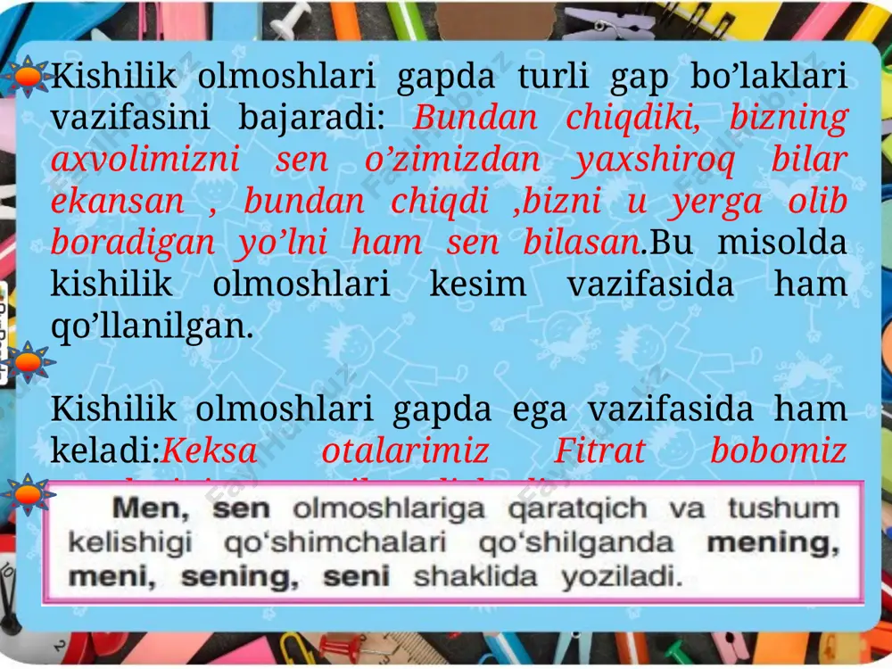 iling. chiziqchalar o‘rniga kishilik olmoshlarini qo‘yib, gaplarni o‘qing va yozing. 1. yaxshilik tilayman odamga, u ____ (i sh., birl., t. k.) tanitgan olamga. parvarish, xizmatin oqlay deb, imlayman huzurbaxsh soyamga. (e. majidov) 2. ana shu qishloqda shoir, mohir va o‘roq ismli tengqur bolalar yashar ekanlar. ____ (iii sh.,ko‘p., b. k.) faqat tengqurgina emas, oralaridan qil ham o‘tmaydigan qalin do‘st ekanlar. (oqiljon husanov) 3. beshta o‘g‘il-qizlarim bor. ____ (ii sh. birl.,b. k.) oltinchisi bo‘lasan. (parda tursun) tabriknomani o‘qing. namuna asosida o‘rtog‘ingizga tabriknoma yozing. siz olmoshi nima uchun bosh harf bilan yozilgan? kimlarga sen, kimlarga siz deb murojaat qilasiz? misollar yozing. uyga vazifa:rasm asosida „assalom, navro‘z“ mavzusida insho yozing. unda quyidagi so‘zlardan foydalaning: an’ana, milliy libos, xalq sayli, sumalak. e’tiboringiz uchun rahmat!!! image1.jpeg image2.jpeg image3.jpeg image4.jpeg image5.jpeg image6.jpeg image7.jpeg image8.jpeg image9.wmf image10.wmf image11.jpeg image12.jpeg image13.jpeg image14.jpeg image15.jpeg image16.jpeg image17.jpeg