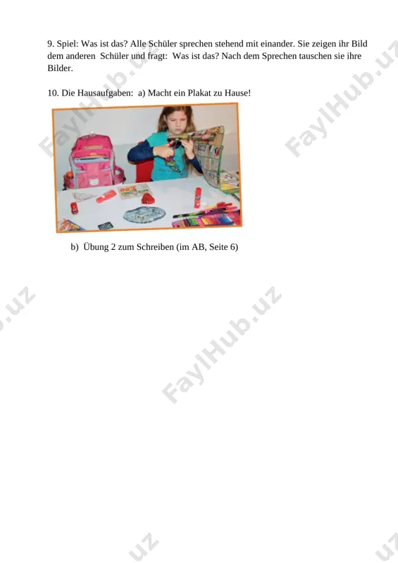 und fragt: was ist das? nach dem sprechen tauschen sie ihre bilder. 10. die hausaufgaben: a) macht ein plakat zu hause! [image: ] b) übung 2 zum schreiben (im ab, seite 6) unterrichtsentwurf für die 2. klasse stunde 2 thema: produkte im supermarkt vorbereitet von: feruza allaberganova, lehrerin der schule 5, horesm, koschkopir methodische beraterin: guliston juraeva, fachkoordinatorin deutsch des republikanischen bildungszentrums ziel: die sus können die produkte (der käse, der joghurt, die milch, der tee, die schokolade, die marmelade, der orangensaft, die butter, die zahnpasta, das shampoo, das müsli, der bonbon, der klebestift) aus dem alltag auf deutsch nennen. materialien und medien: laptop, beamer und arbeitsblätter verlauf des unterrichts: 1. begrüßung 2. fliegenklatschen- spiel der l hängt die bilder der produkte an die tafel und teilt die sus in 2 gruppen. die sus stehen in 2 reihen. die schüler finden das bild, dessen namen von dem lehrer gesagt hat, …